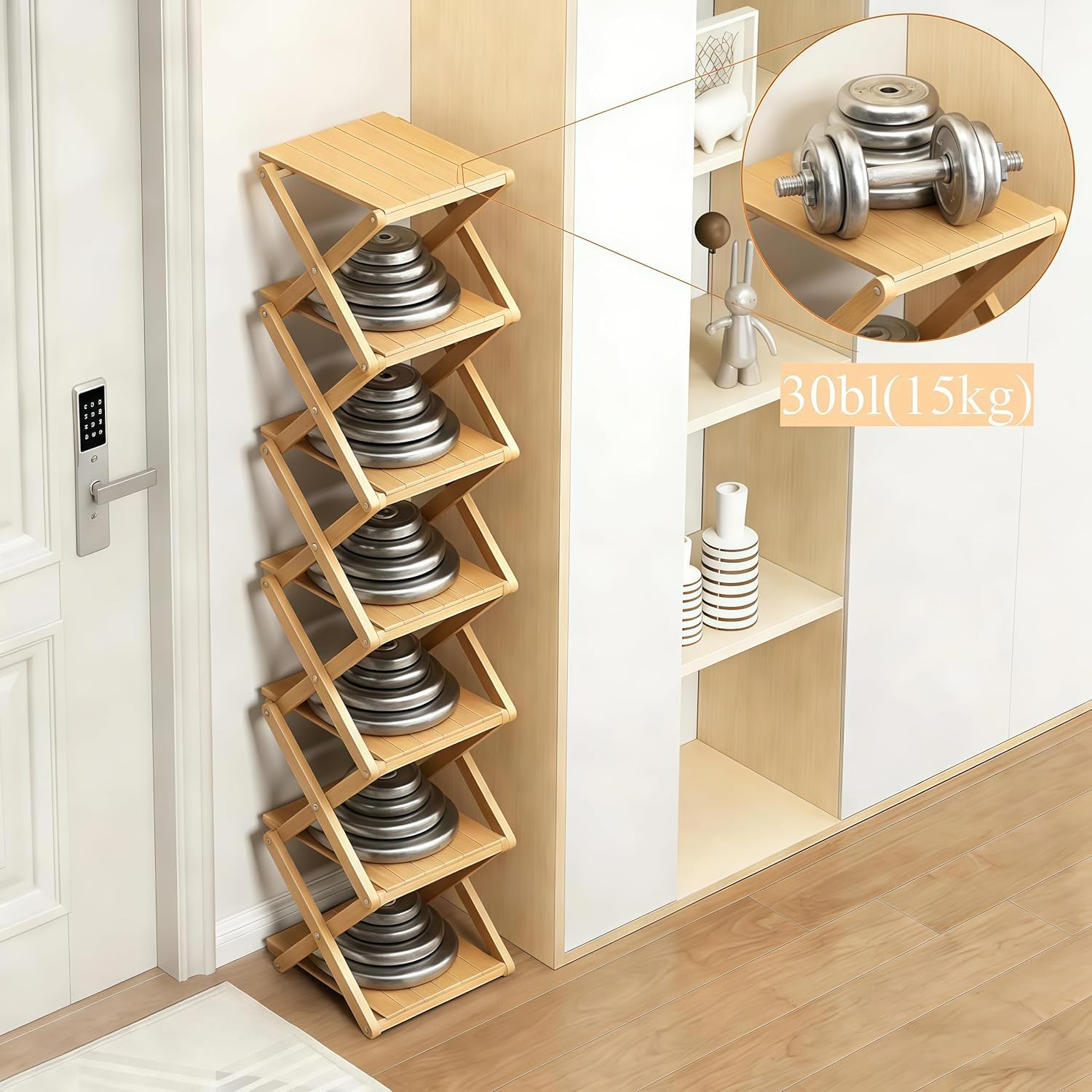 FSXZA 2/3/4/5/6/7/8/9 Tier Bamboo Shoe Rack, Foldable No-Assembly Bamboo Rack, Vertical Slim Shoe Storage for Small Spaces, Tall Narrow Shoe Rack for Entryway & Closet (3 Tier)