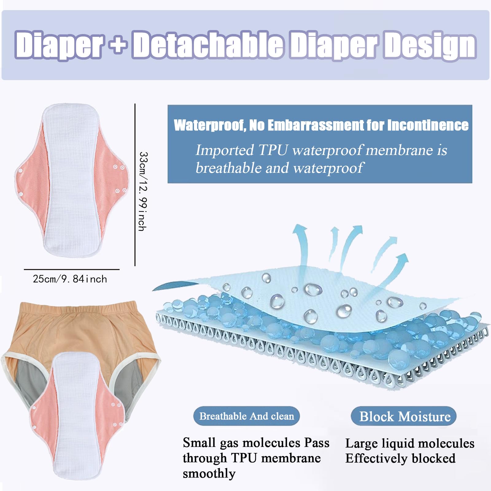 Pañal de Tela para Adultos, Reutilizable Algodón Cómodo y Transpirable Calzoncillo Adultos de Incontinencia para Personas con Incontinencia Discapacitadas,Gris,M