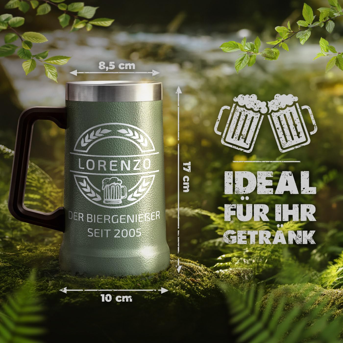 Maverton Isoliertes Bierglas mit Gravur 700 ml Grün - Edelstahl personalisierter Bierkrug für Bierfreunde - mit Henkel - Männergeschenke - Bier Geschenke für Männer