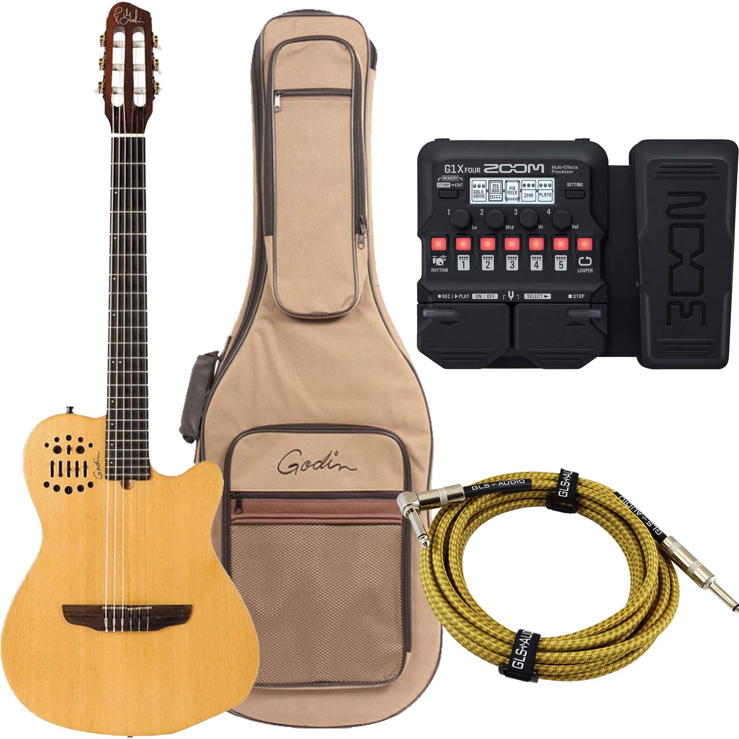 Godin (032150) ACS-SA Nylon String Cedar Top Guitar, Zoom G1X Effects Processor, GLS 15 FT Guitar Ca