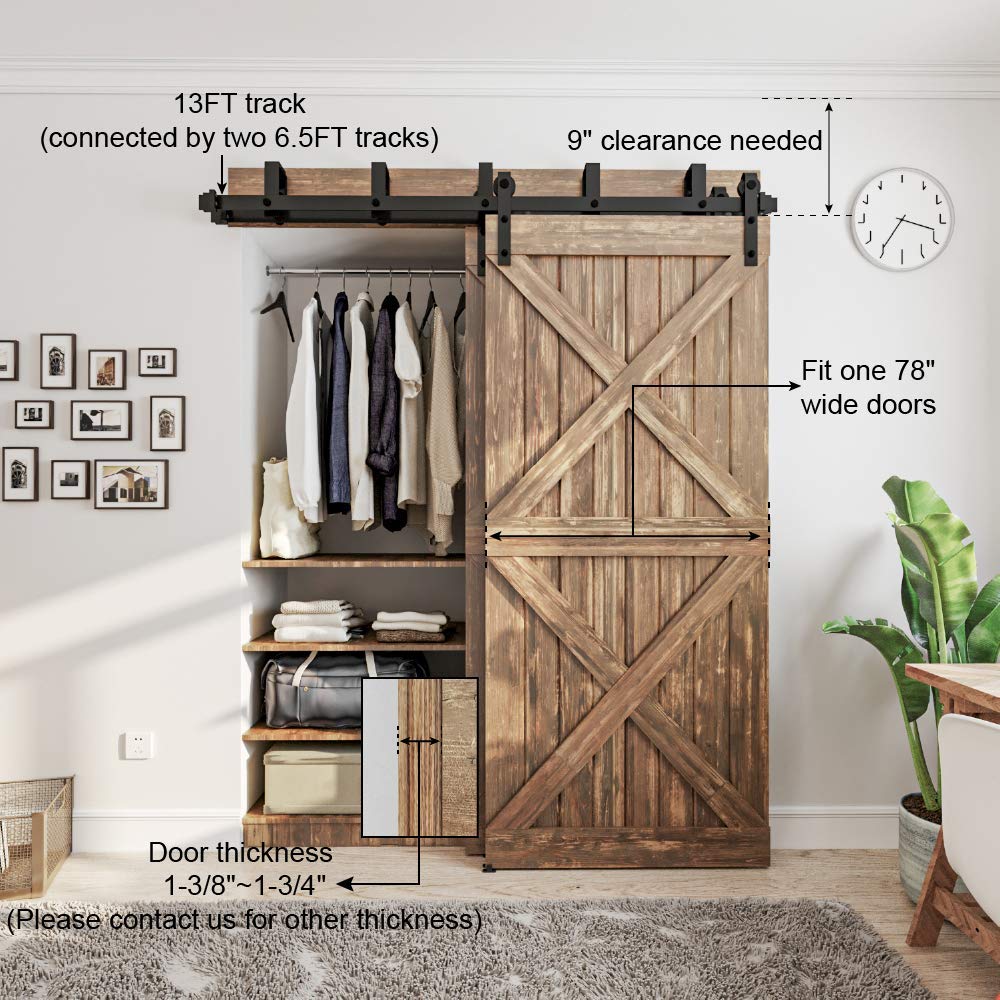 WINSOON 8FT Bypass Barn Door Hardware Kit – Double Track Sliding System, Fits 1-3/8" To 1-3/4" Doors, Holds 230 Lbs, Carbon Steel, Rustproof Black Finish, Floor Guides Included