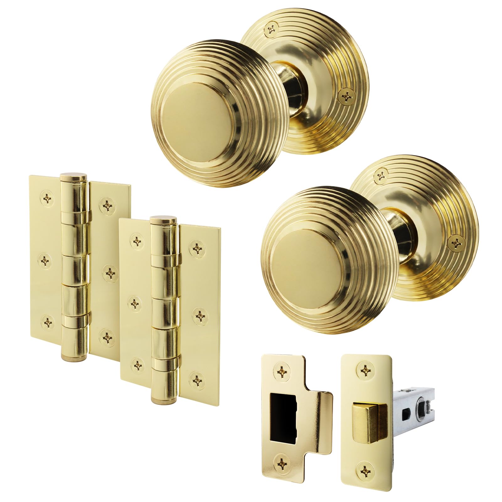 EAI Polished Brass Door Knobs with Latch 76mm and Hinges, 1 Pack - Beehive