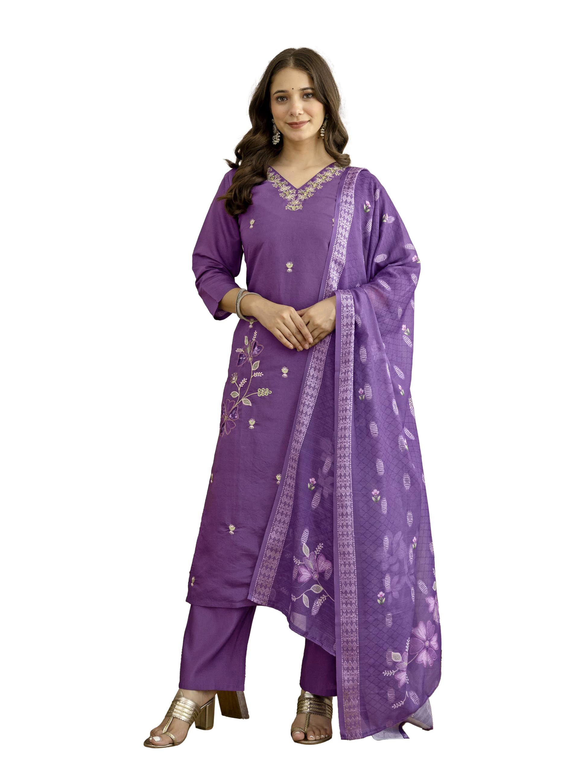 trendmalls Women's Roman Silk Beads Embroidery Sequence Work Salwar Suit Set Kurta Pant with Dupatta for Women-picture-1