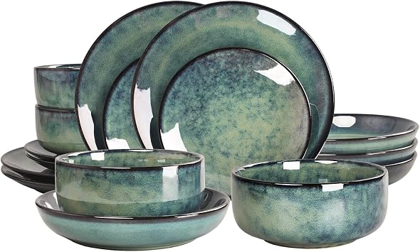 Ceramic Dinnerware 16 pcs Serve 4 people, Plates and Bowls Sets, Reactive Glaze Dishes Set, Chip Resistant and Scratch Resistant, Dishwasher Microwave Safe, Suitable for dinner, parties
