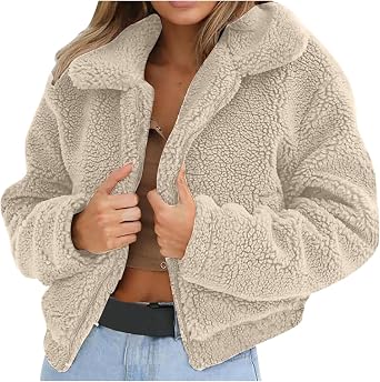 Women's Faux Fur Sherpa Jacket Zip Up Fuzzy Fluffy Coat Cropped Jacket Winter Lapel Fleece Outwear Pockets Dressy Fall Outfits Short Coats Y2K Teddy Shaggy Overcoat Ladies Sexy Plush Soft Outwear