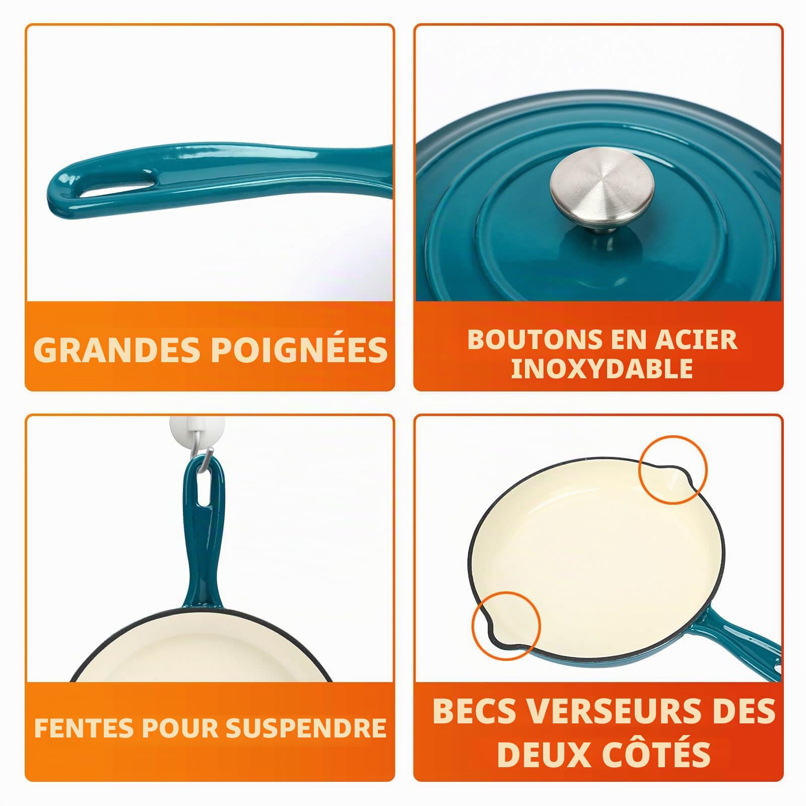 Denmay Lot de 7 casseroles en fonte émaillée avec couvercle, anti-adhésives, tous feux et induction, ensemble d'ustensiles de cuisine avec organisateur, cyan