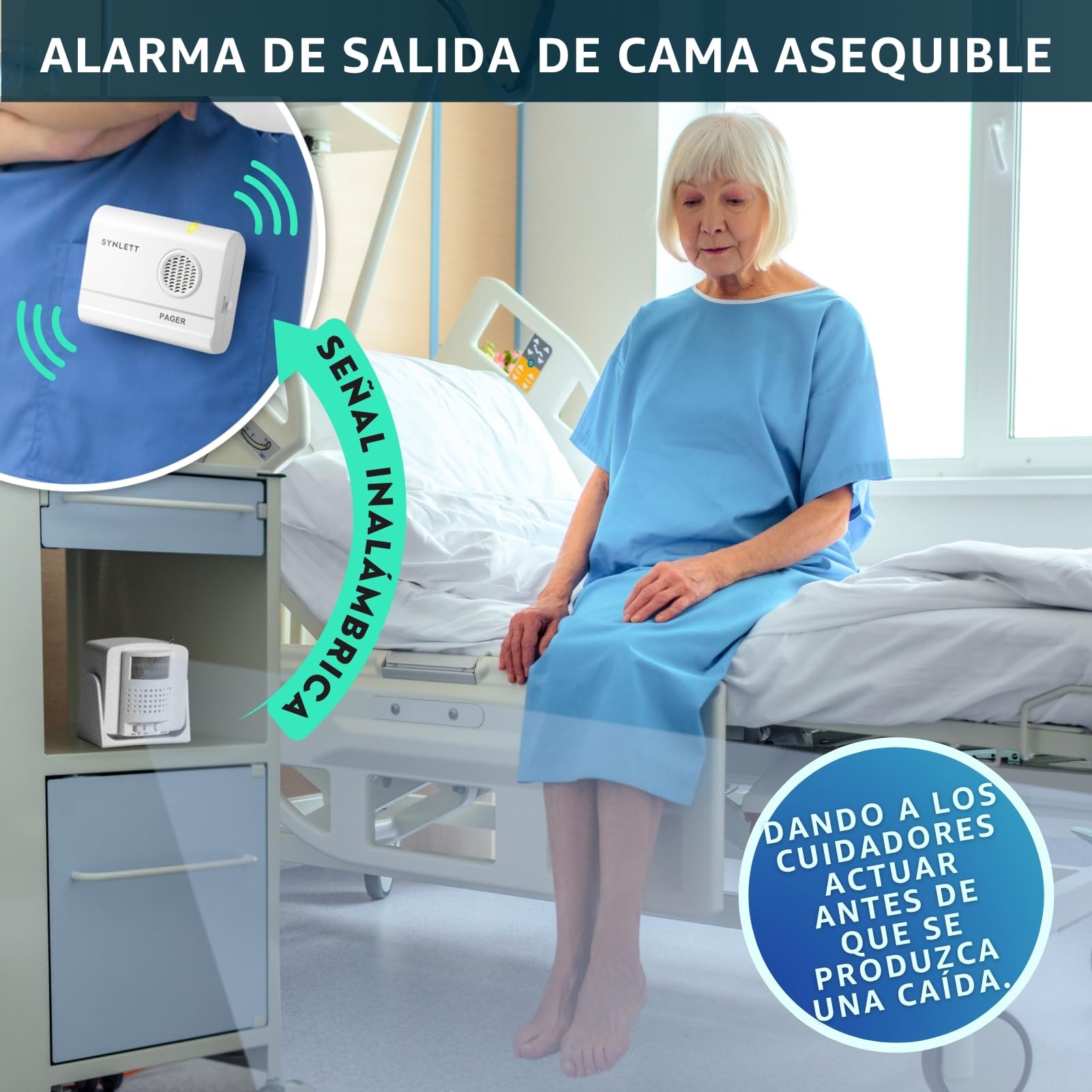 Buscapersonas con 1 Sensor de Movimiento y 1 Pager Portátil Sistema de Alarma de Cama para Ancianos Teleasistencia Prevención de Caídas Hogar Residencias