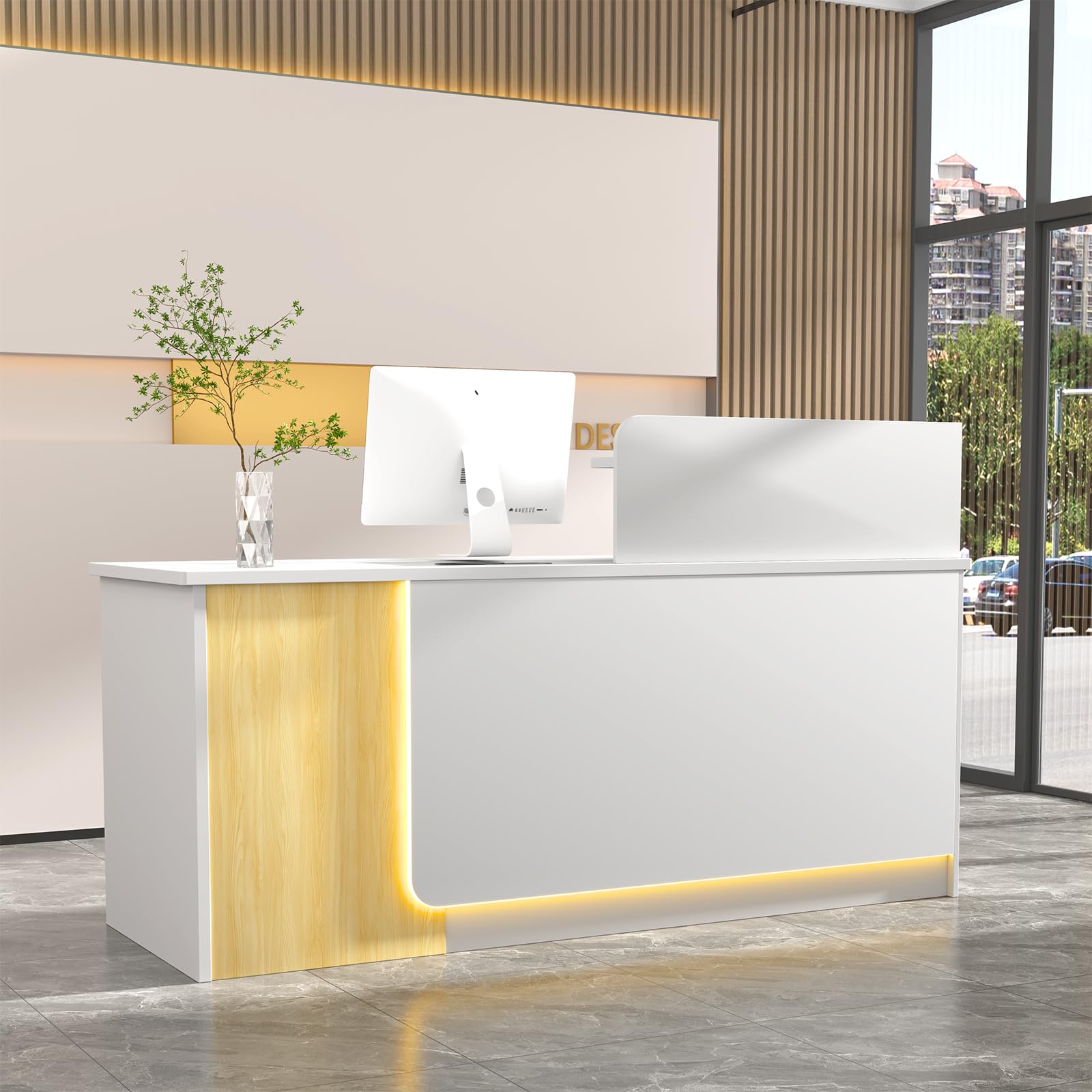 Reception Desk with Counter,Modern Front Desk White,Wooden Reception Counter with Shelves and Storage Cabinet,for Hotel Lobby Company Office Store Shop Beauty Salon (White-A, 63IN)