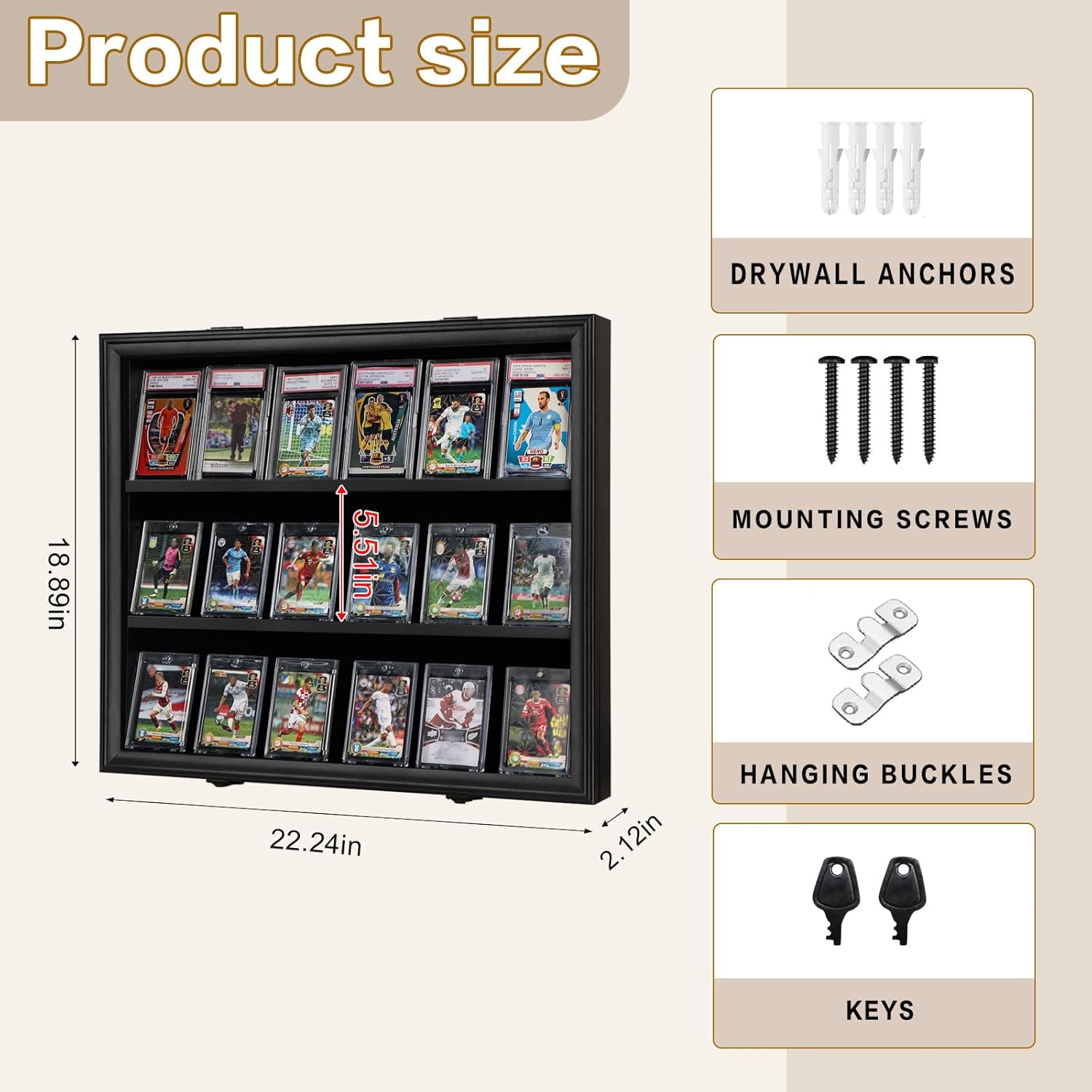 Baseball Card Display Case - 18 Graded Card Display Case - Wall-Mount Lockable Sport Card Box with UV Protection Acrylic for Display Basketball Football Hockey Card - Black