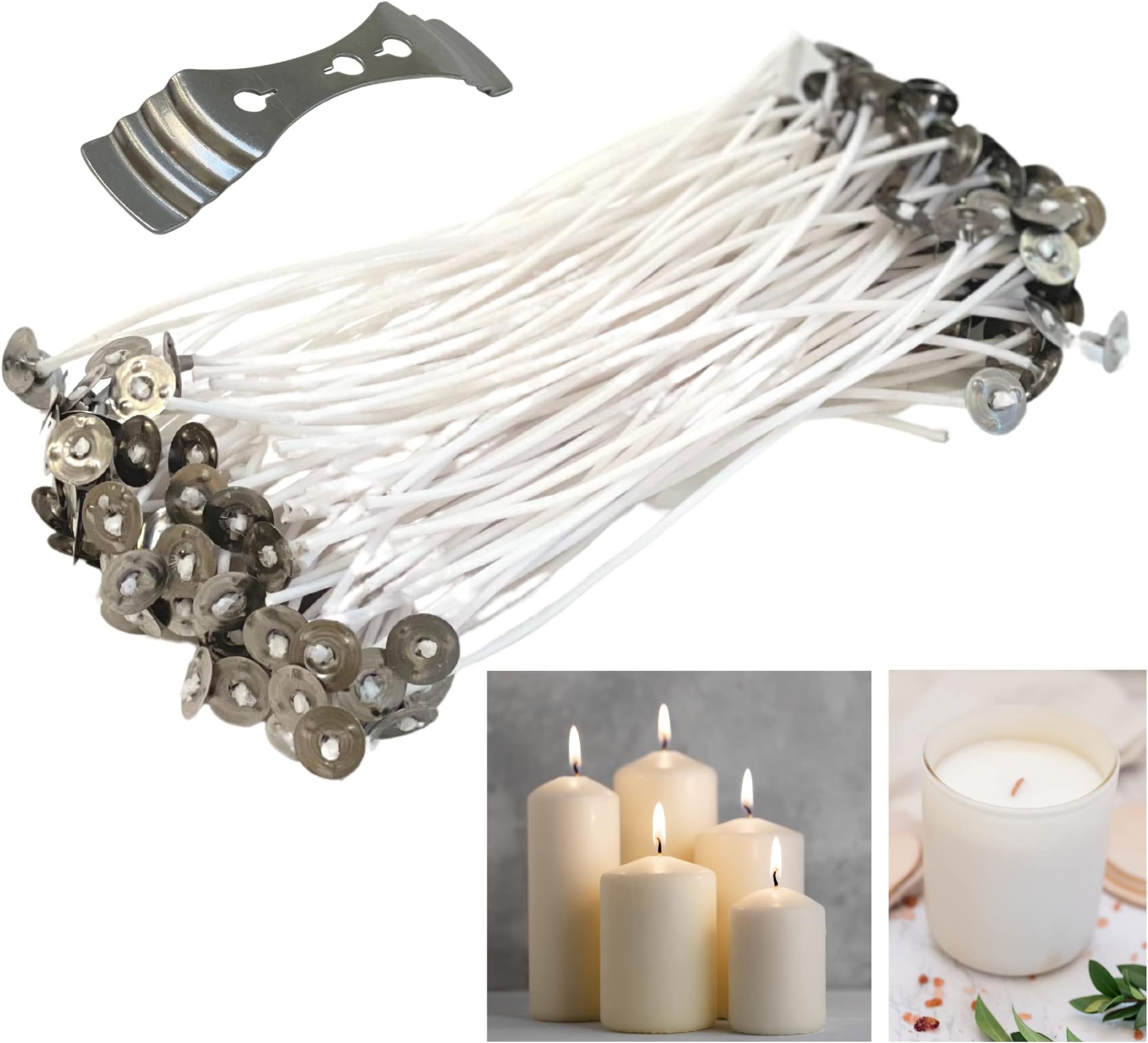 Candle Wicks for Candle Making | Low Smoke and Natural 6" Pre-Waxed & 100% Natural Cotton Core | Candle DIY with Centering Device 120 Pieces
