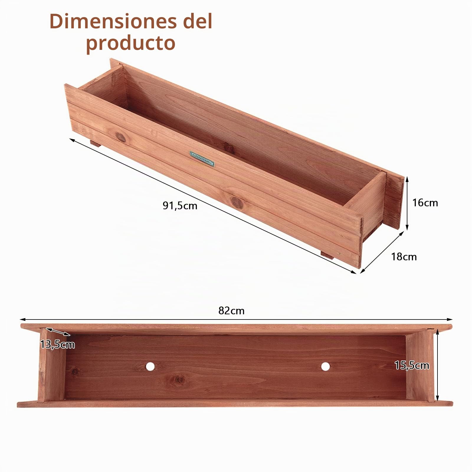 GOPLUS Jardinera de madera, jardinera con 2 agujeros de drenaje, jardinera para jardín y balcón, 91,5 x 18 x 16 cm