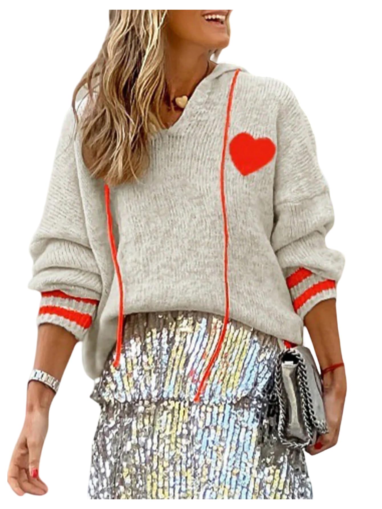 GORGLITTER Womens Winter Sweater Oversized Hooded Heart Striped Loose Chunky V Neck Sweaters 2025 Trendy