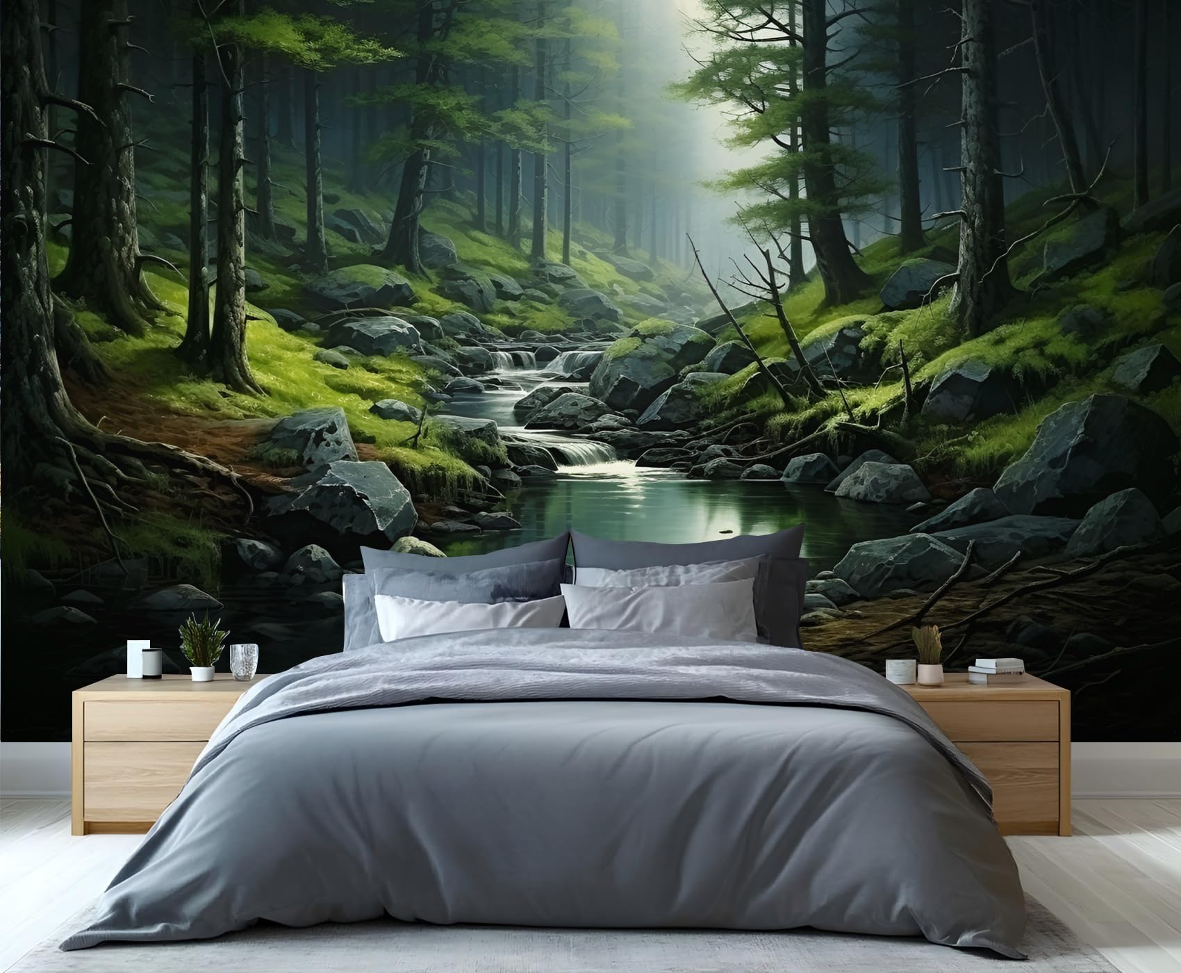 YXQAIED Green Forest Wallpaper, River Stream Photo Wallpaper Natural Landscape Bedroom Kids Room Living Room Decoration Poster, 390x260cm