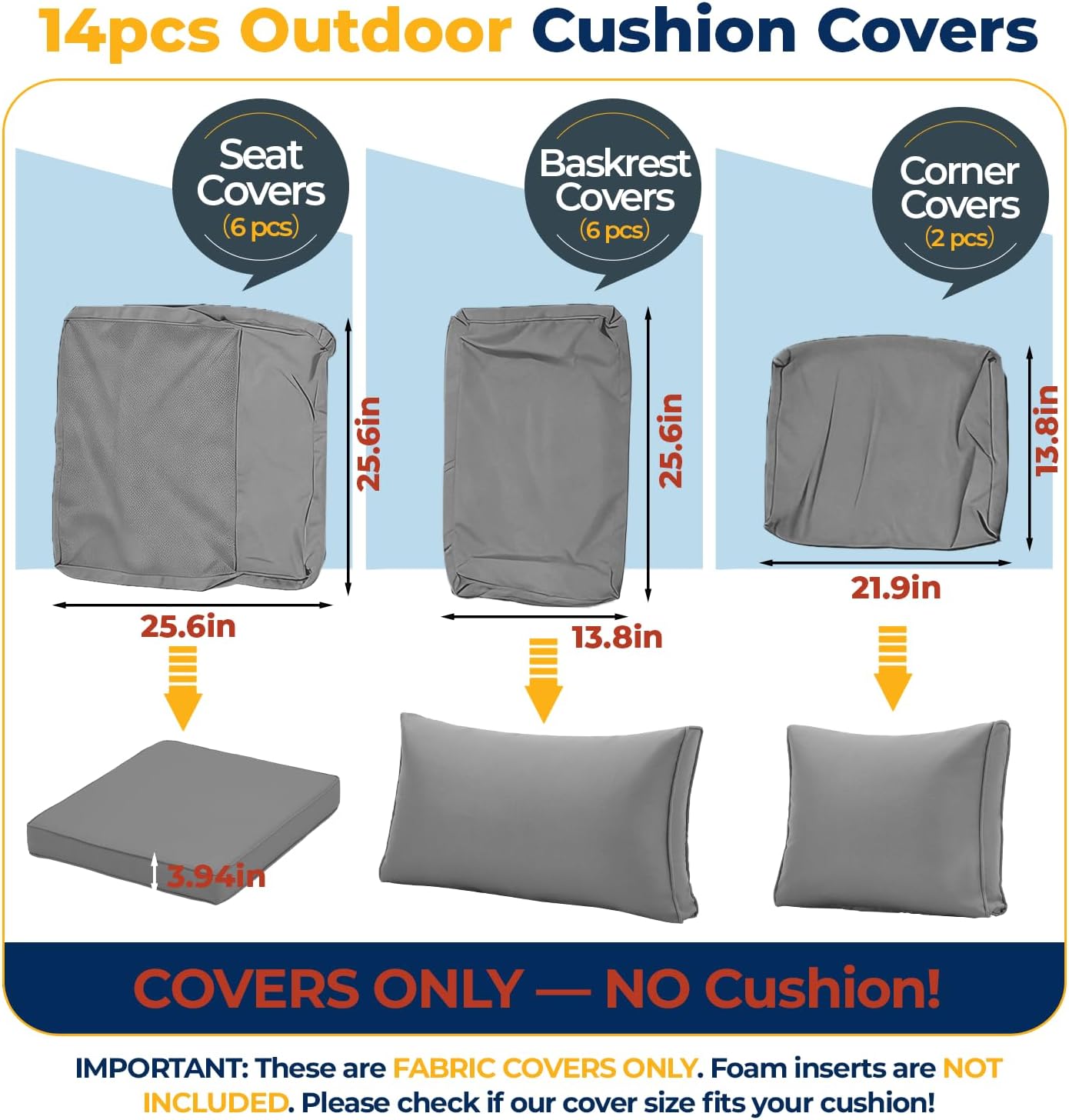 HOMREST 14-Piece Outdoor Cushion Covers Set for Patio Furniture, Reversible Double-Sided Sofa Slipcovers with Zipper, Water-Repellent Replacement Covers Only (Grey, 25.6×25.6×3.9in)