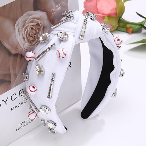 Miniatura 19 de Diadema anudada de béisbol para mujer, con dije de béisbol de cristal brillante, diadema con nudo superior para el día del juego, accesorios