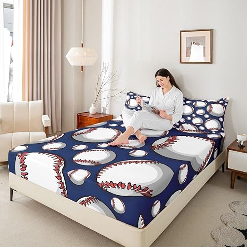Miniatura 5 de Juego de ropa de cama de béisbol con temática deportiva, sábana bajera ajustable para niños, niñas, adolescentes, 3D, patrón de bola azul, juego de