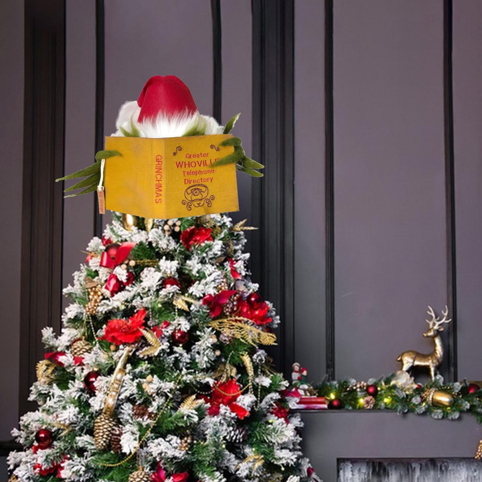 Cimier De Sapin De Noël Grinch – Décoration Festive En Feutre 35 Cm – Figurine Elfe Qui Lit – Pour Sommet De Sapin