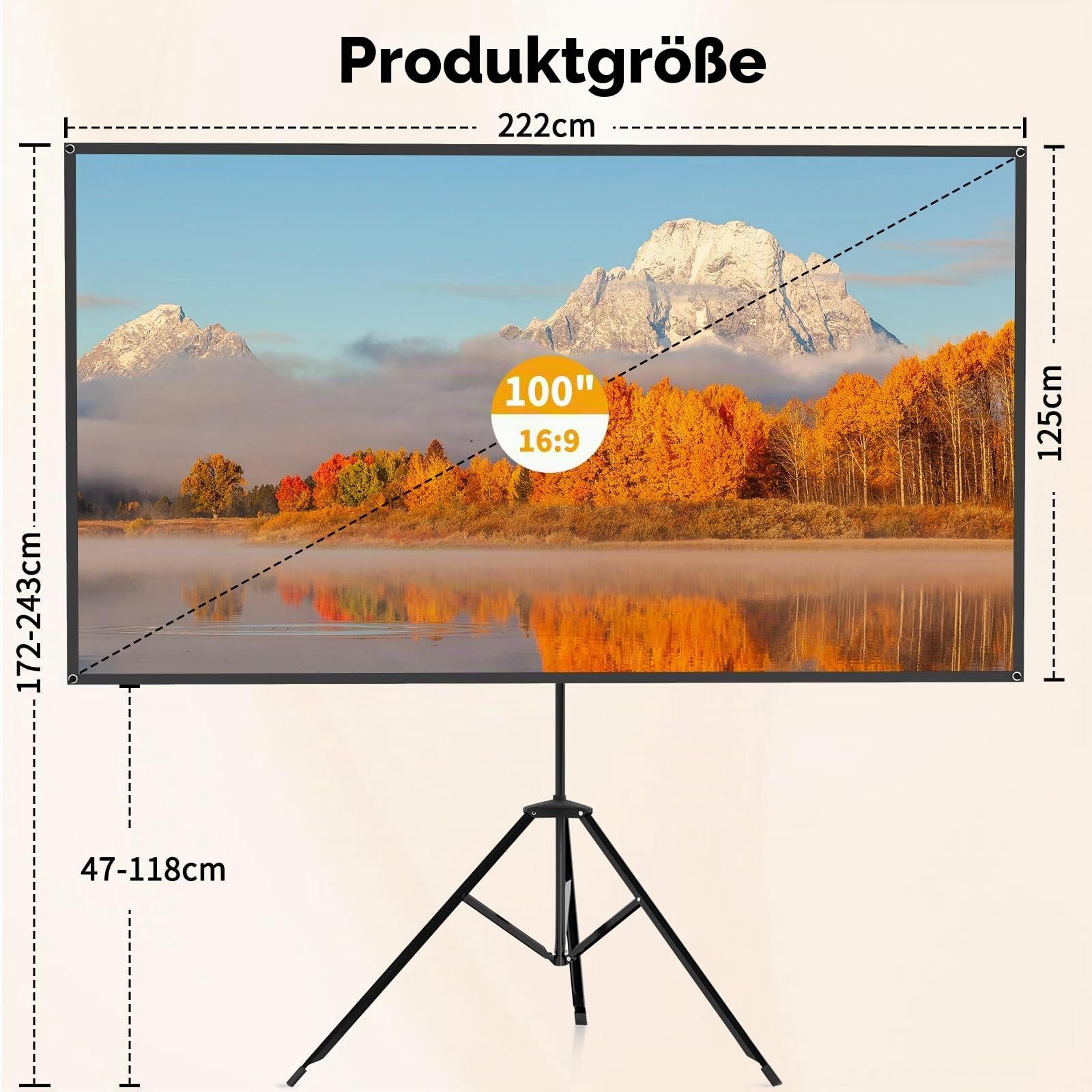 WASJOYE 100 Zoll Beamer Leinwand mit Stativ,16:9 4K HD Beamer Leinwand Outdoor,Windresistentes Design für Projektionsleinwand,inkl.Heringen Seilen,für Home Party, und innen/außen Filme,222 * 125cm