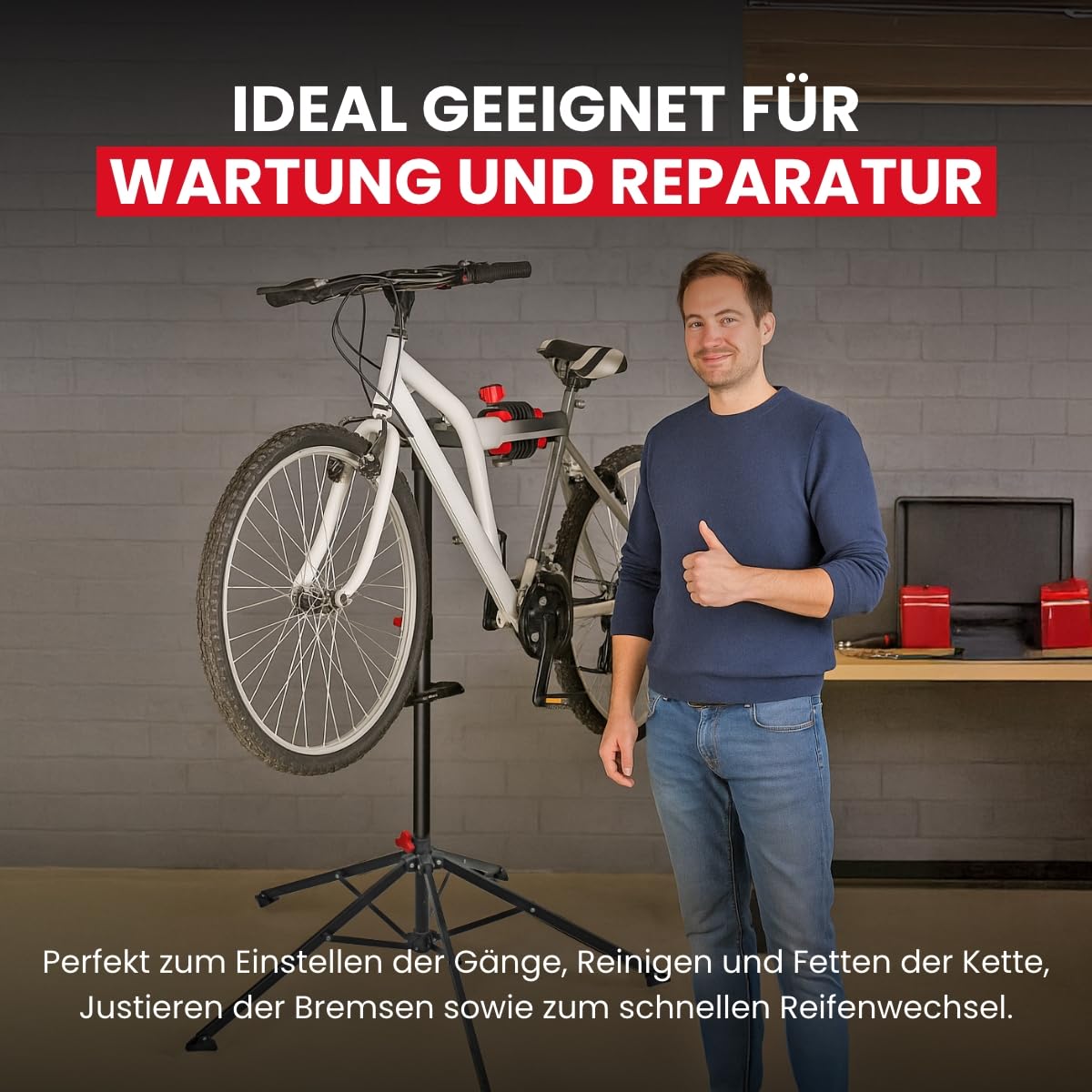 WALTER Fahrrad Reparaturständer, Montageständer, belastbar bis 30 kg, klappbar, fünfbeinig, individuell einstellbare Arbeitshöhe zwischen 108cm und 190cm, inkl. Schrauben- und Werkzeugablage