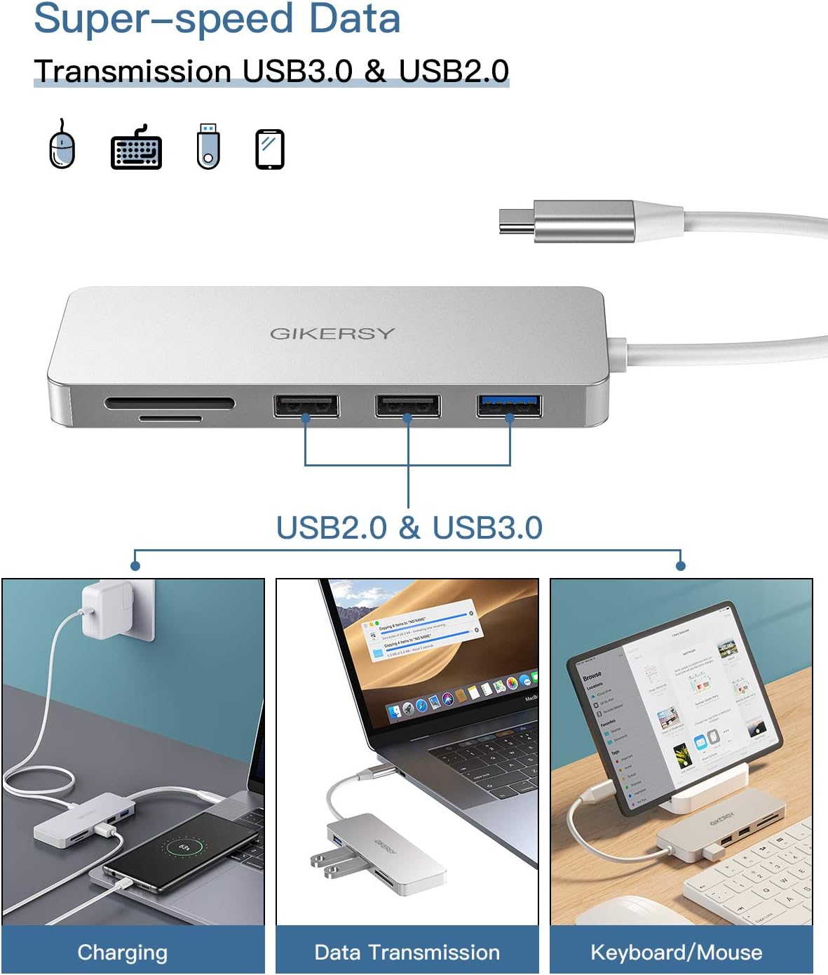 GIKERSY USB C Hub,7 in 1 Type C Adapter with USB C Charging Port, 4K USB C to HDMI,1USB3.0/2USB2.0 Ports,TF/SD Card Reader,Compatible with MacBook Pro/Air 2018 and More Type C Devices