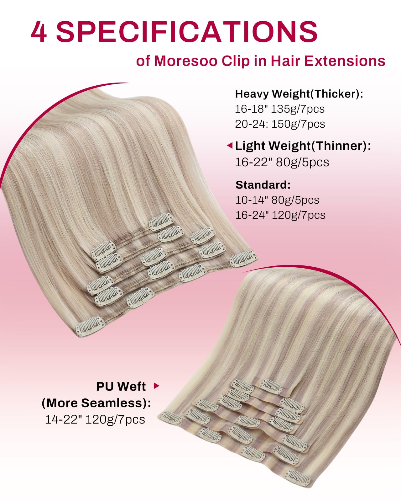 Moresoo Human Hair Extensions Clip in Real Hair Ash Blonde with Bleached Blonde Clip in Hair Extensions Remy Human Mid-length Hair Layered Add Volume 14 Inch 5pcs/80g #P18/613 — view 9