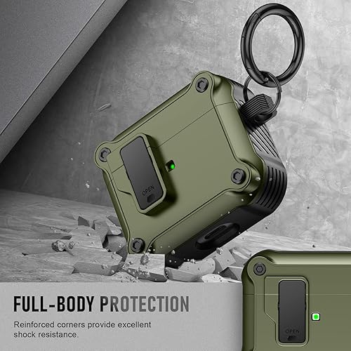 Vista 100 de Maxjoy Funda para AirPods Pro, clip de bloqueo seguro de fibra de carbono, cuerpo completo, a prueba de golpes, carcasa rígida con llavero