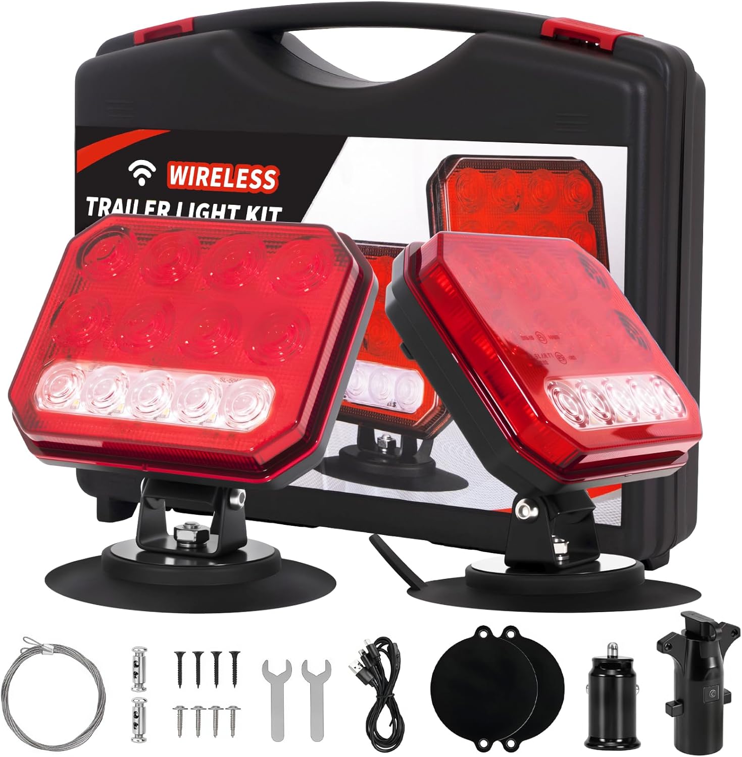 Car LED Wireless Trailer Lights Magnetic, 5000mAh IP67 Waterproof Tail Lights Kit Rechargeable Brake Light Cordless Towing Light Magnet Taillights Portable Square Turn Signal for Boat RV Trucks