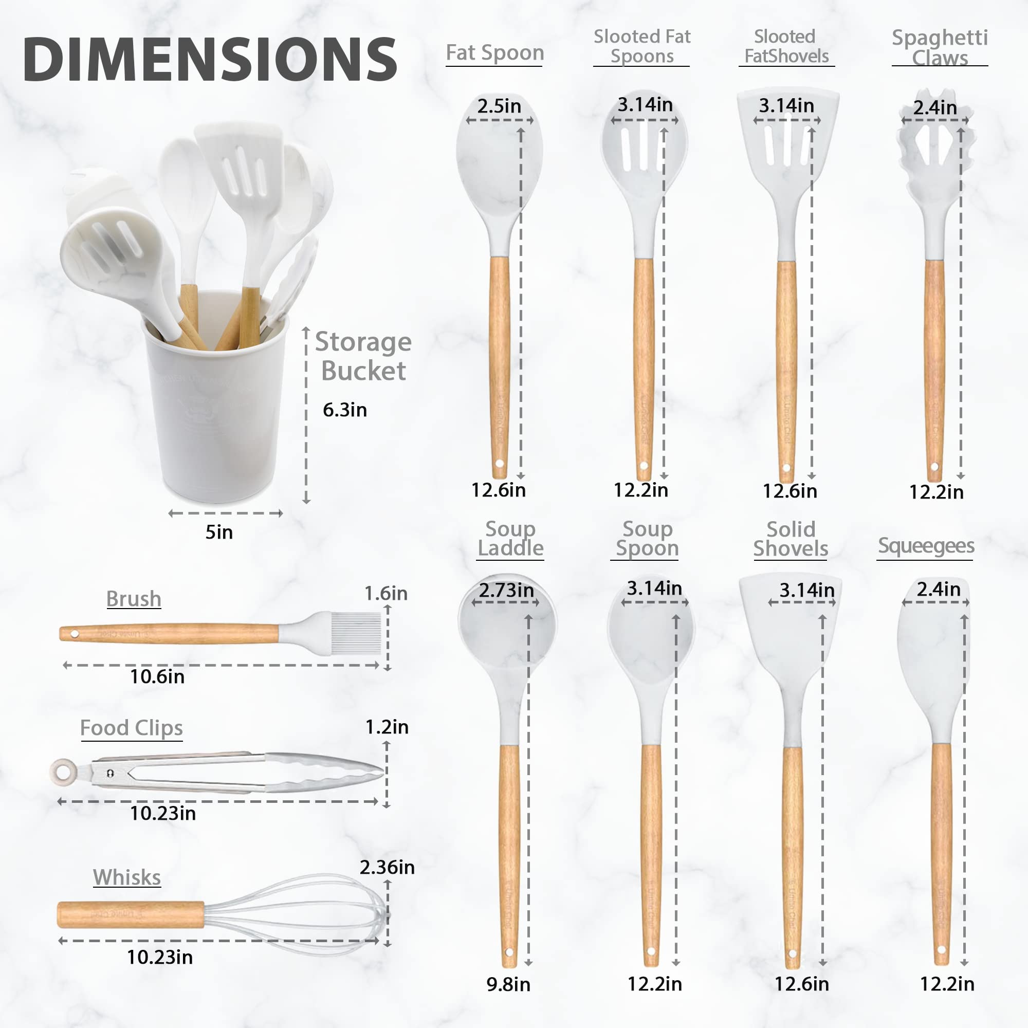 DXD Silicone Wooden Handle Kitchen Utensils 12 pcs, Wooden Handles Gray Kitchenware Tools Set for Nonstick Cookware BPA Free, Heat-resistant Cookware Kitchen Utensils (Marble)