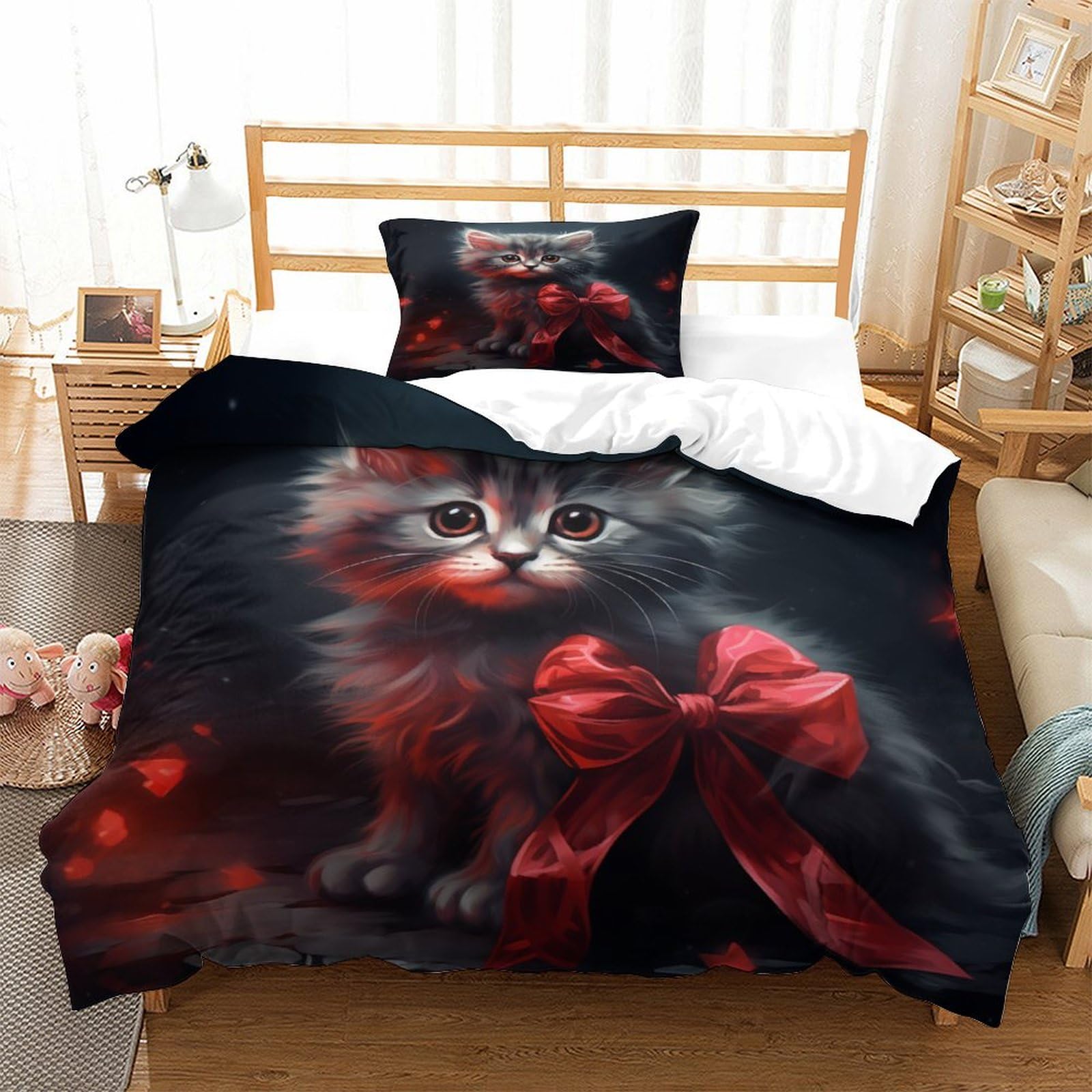 P1S9U7W5Y 3D Printed Cute Cat Bow Microfiber Duvet Cover Set 3 Pieces for Adults Teens Bedroom Decoration Cat Bedding Set Soft and Breathable Single（135x200cm）