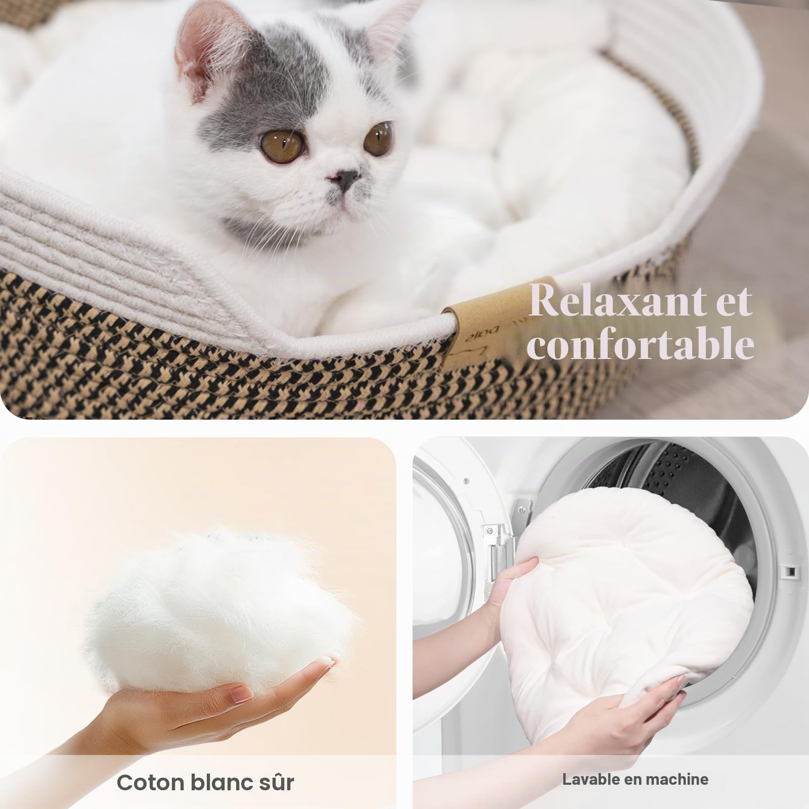 CheerPals Panier Chat Tressé en Corde, Lit pour Chat Respirant au Design Artisanal, Panier Rond et Douillet pour Toutes Saisons, Style Nordique, 47x47x15 cm