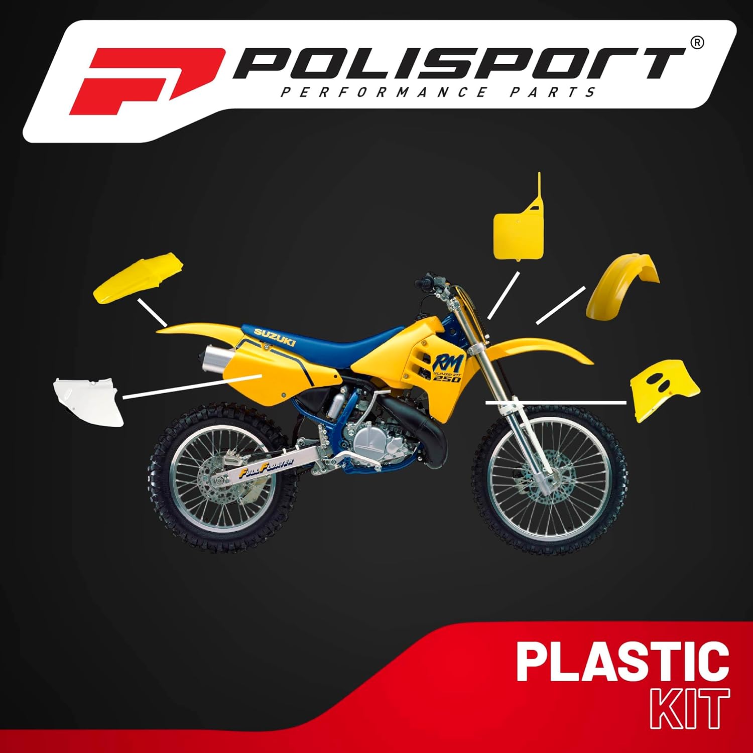 Polisport Motocross (MX) Replica Plastic Kit for Suzuki RM 125/250 (1993-95) Dirt Bike – OEM Quality, Durable, Flexible & Perfect Fit – Yellow/White