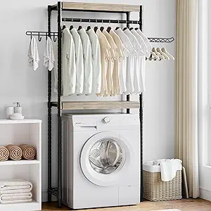 30" Washer Dryer Storage Shelf - Adjustable Height Laundry Organizer with 5-Tier Double-Layer Wood Shelves, Heavy-Duty Over-Unit Rack (100lb/Shelf) for Laundry Room, Bathroom & Balcony, Gray