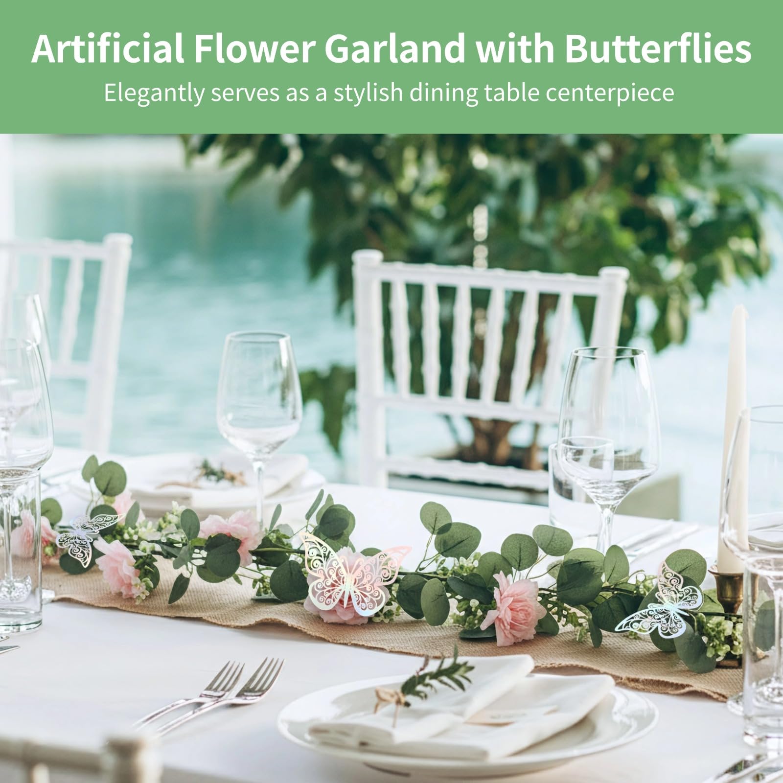 2 STK. Rosa Kunstblumen-Girlande, 1,8 m Rosenranken aus Seidenstoff mit Schmetterlingen, Elegante Deko für Hochzeit, Zuhause, Party und DIY Blumenarrangement