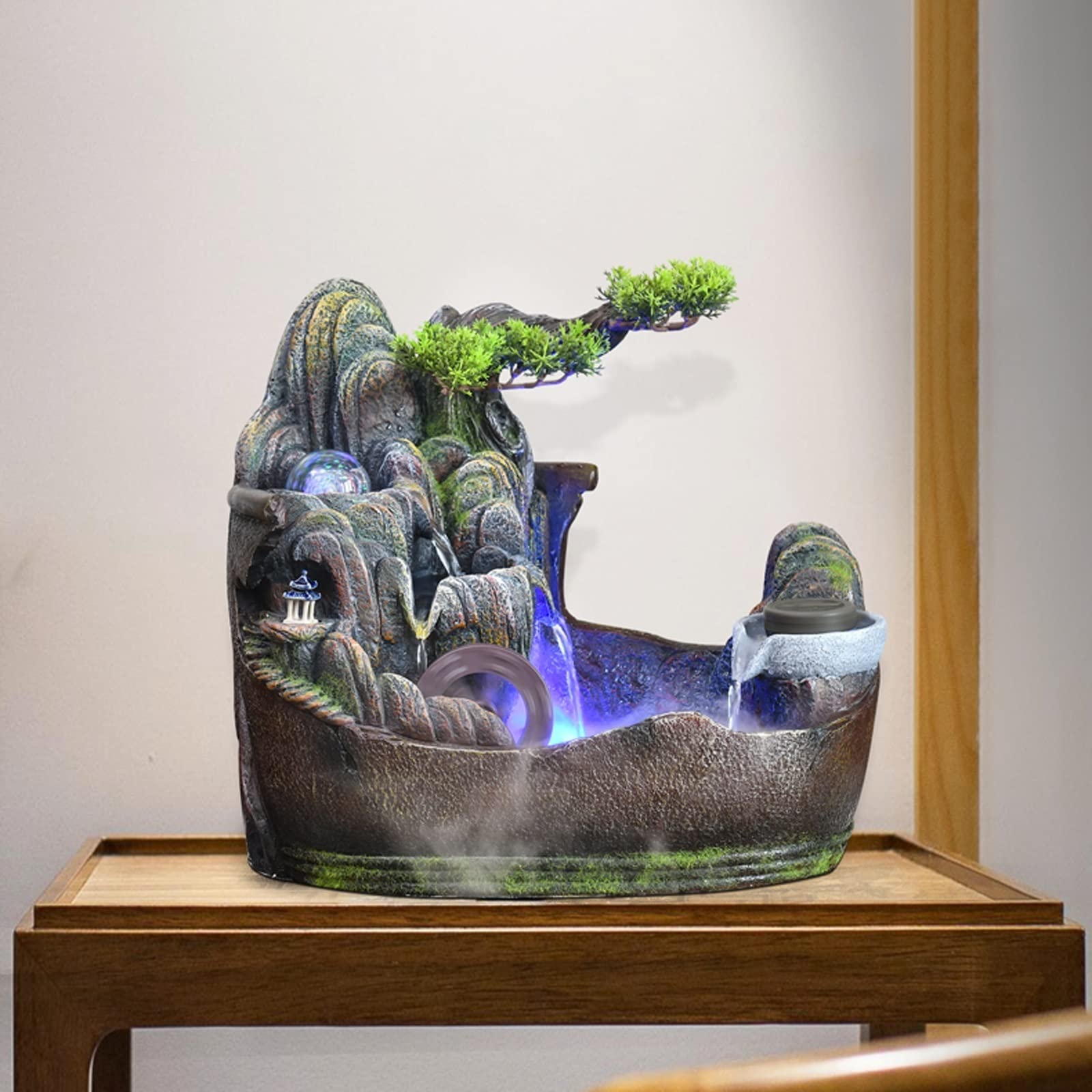 Fuente Decorativa de jardín, Fuente de Agua con Cascada, de Resina, con Bomba de Agua, Feng Shui Zen, decoración para salón, Dormitorio, Oficina, 30 x 19 x 26 cm, Tamaño Klein