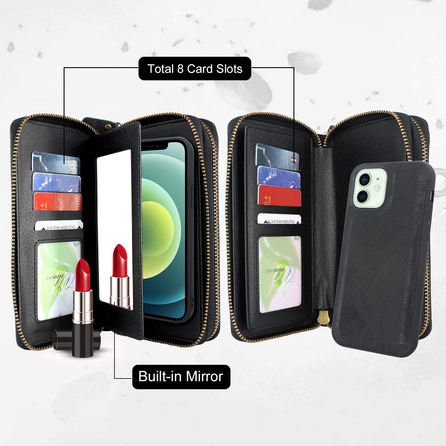 Harryshell Compatible with iPhone 12 / iPhone 12 Pro Case Wallet Multi Zipper Detachable Magnetic Cover Clutch Purse with Card Slots Mirror Crossbody Chain Wrist Strap (Black)