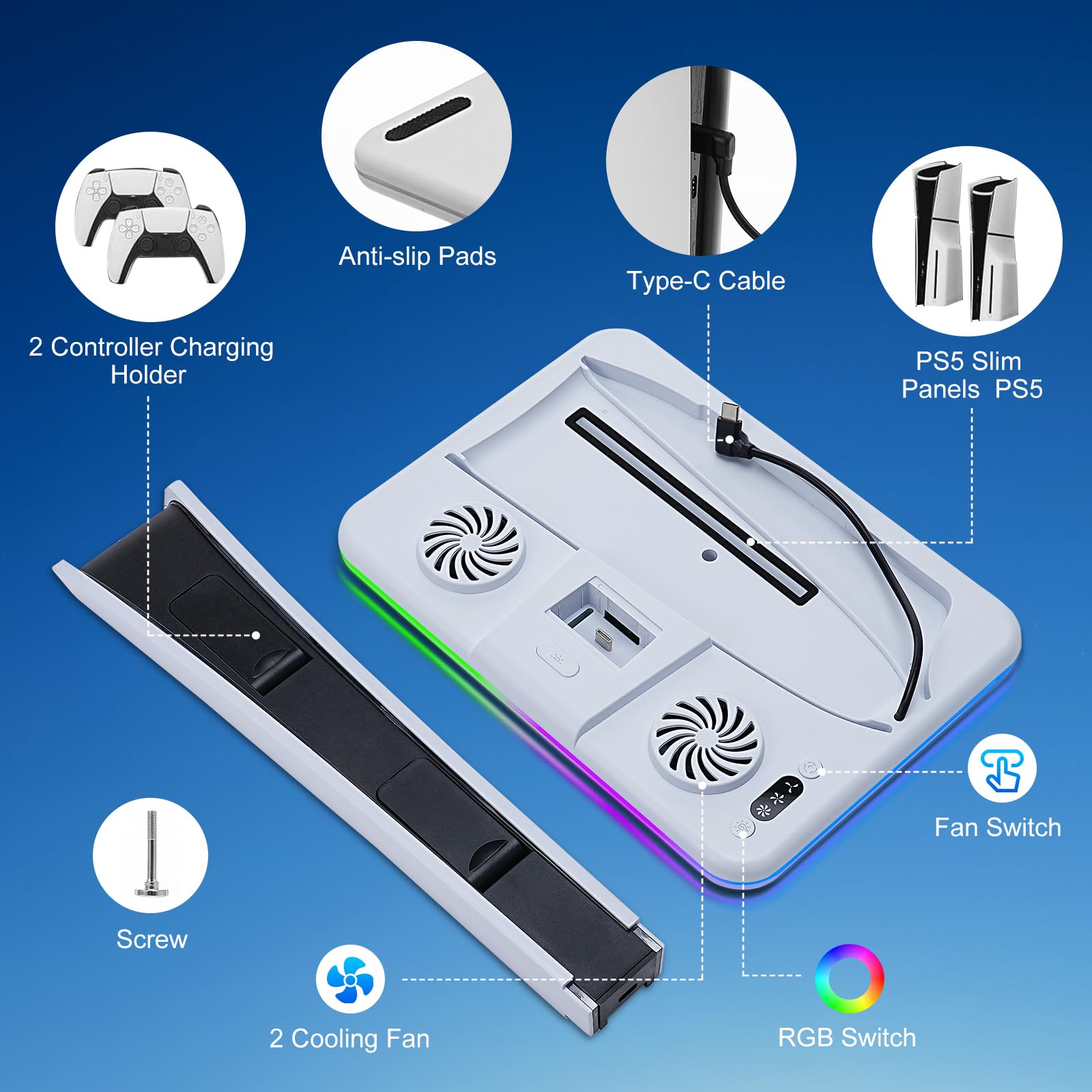 Supporto PS5 Slim con Ventola di Raffreddamento PS5 Slim Stazione di Raffreddamento Supporto con Controller di Ricarica Supporto per Cuffie Luce RGB per PlayStation5 Slim Digital e Disc Edition