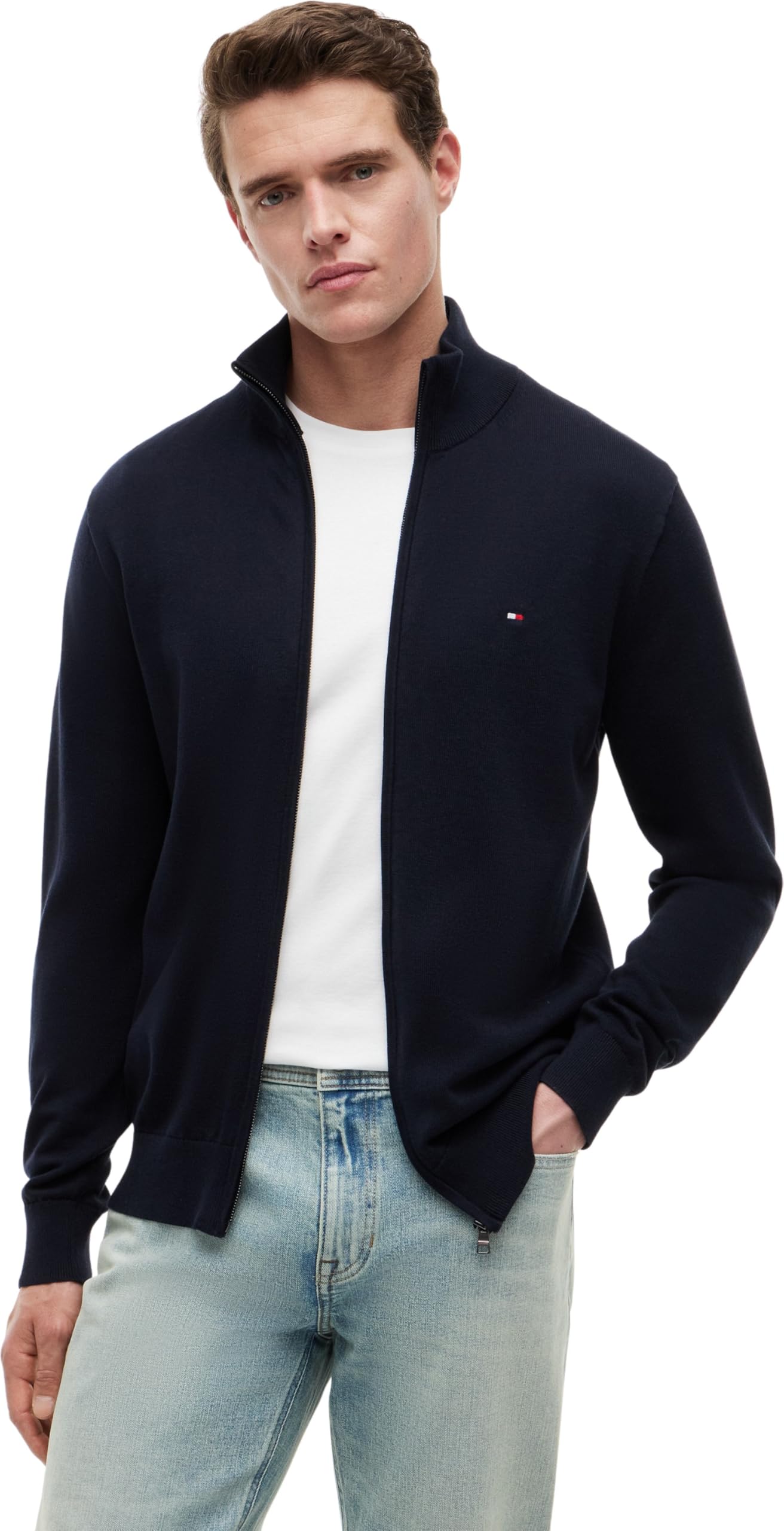 Tommy Hilfiger Pull avec Fermeture Éclair Homme Essential Cotton Zip Thru Col Montant