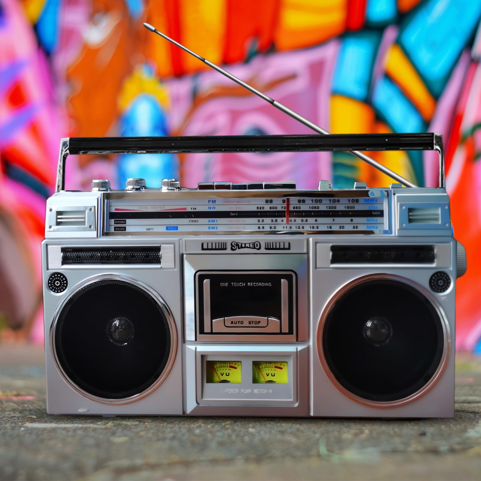 Retro-Kassetten-Boombox, 80er-Jahre-Stil, Street-Bluetooth-Player mit AM/FM-Radio, SD/USB-Eingang, konvertiert Kassetten auf USB/SD, silberfarben