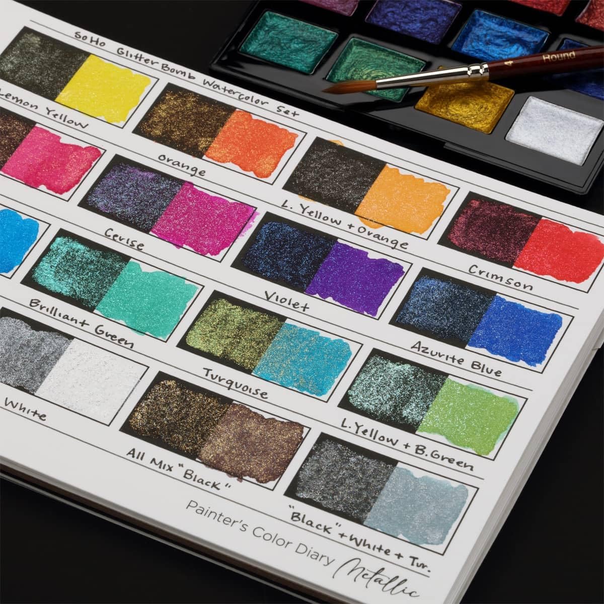 HG Art Concepts Travel Size Painters Water Color Diary 2 Pack - Classic and Metallic - 6x8 Spiral-Bound Acid-Free Color Swatch Book with 10 Removable Pages and Glassine for Traveling Artists