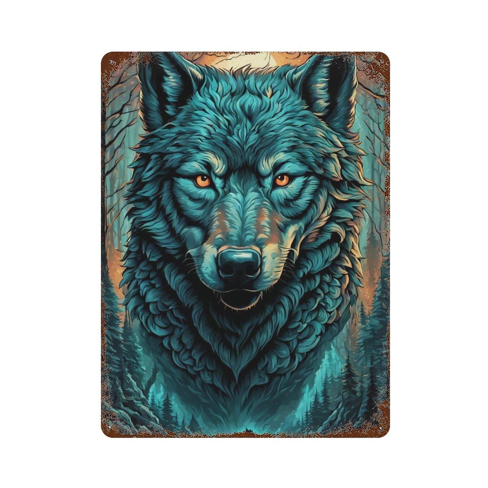 Enchanted Forest Wolf Illustration Aged Metal Wall Plaque 15.7"x11.8", Ideal for Garage, Bar And Workshop Decor