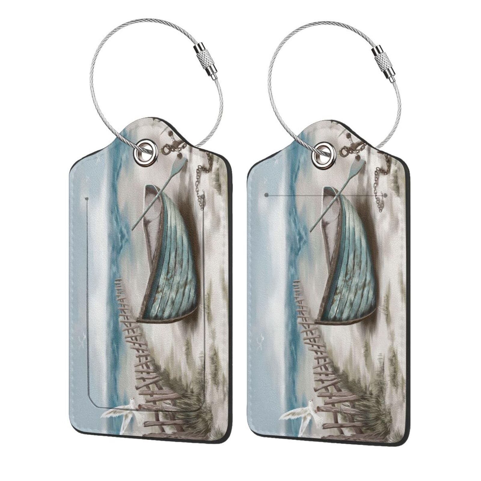 Sea View - Targhette per bagagli in legno con anello in acciaio inossidabile, divertente set di etichette per carte d'identità con nome, adatte per borse da viaggio, bagagli per donne e uomini, 2