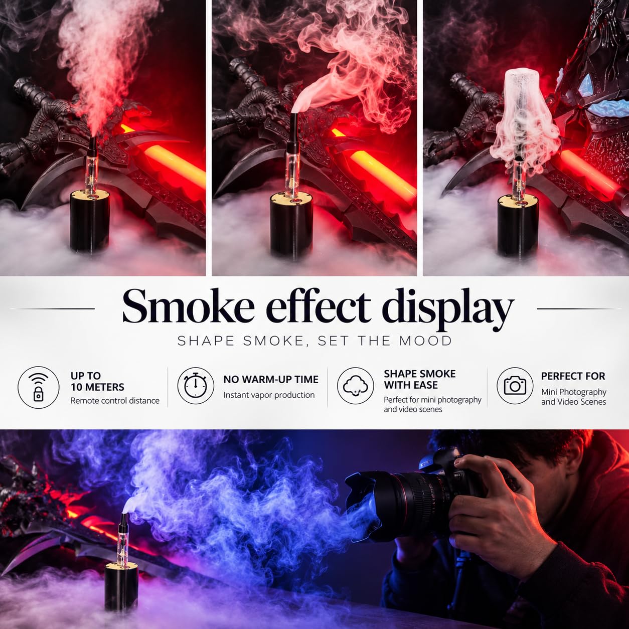 Máquina de niebla portátil alimentada por pilas con líquido de niebla para mini fiestas, fotografía, disparo de video, vapor instantáneo en 0 segundos, control remoto, efecto hielo seco, prueba