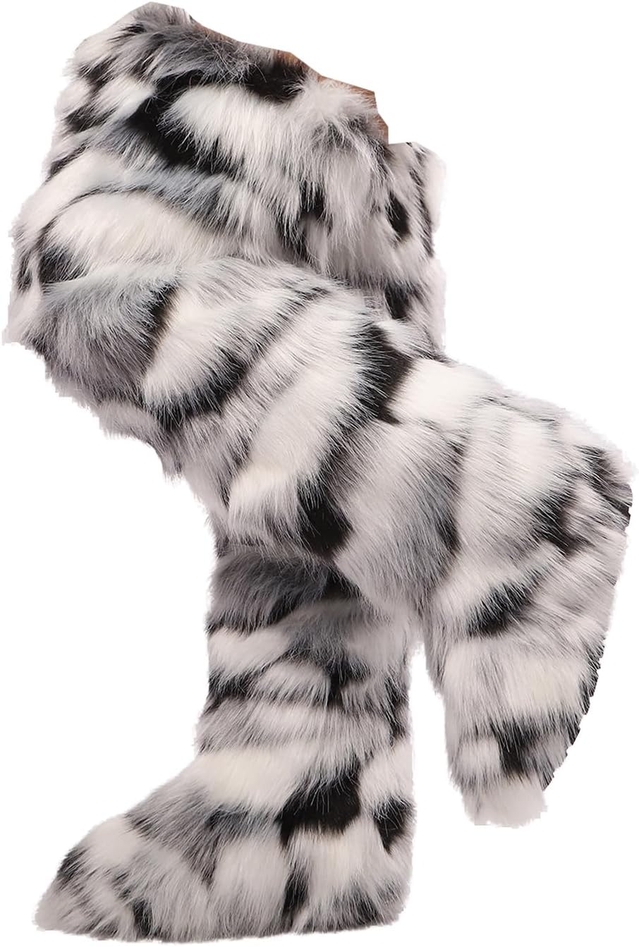 Women's Winter Warm Knee High Faux Fur Boots Fluffy Tall Over The Knee Thigh High Fuzzy Boots for Outdoor Snow Wear and Daily Comfort