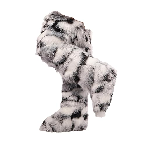 Women's Winter Warm Knee High Faux Fur Boots Fluffy Tall Over The Knee Thigh High Fuzzy Boots for Outdoor Snow Wear and Daily Comfort - Black and White - 8