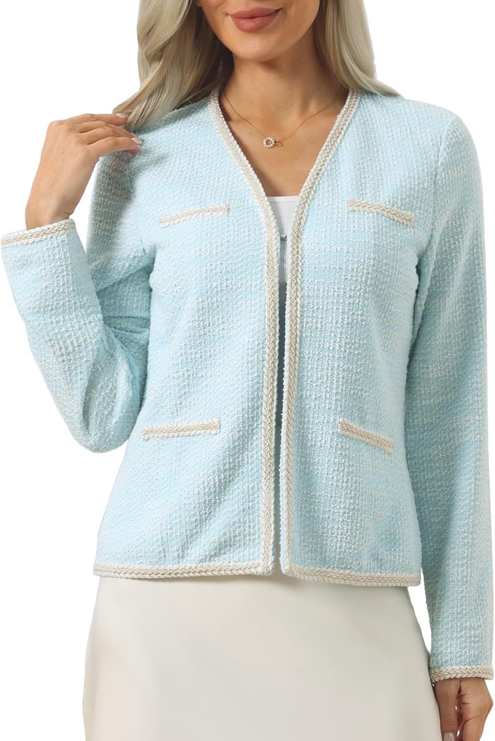 Women's Tweed Cardigan Long Sleeve Open Front Business Casual Knit Jacket for Dress