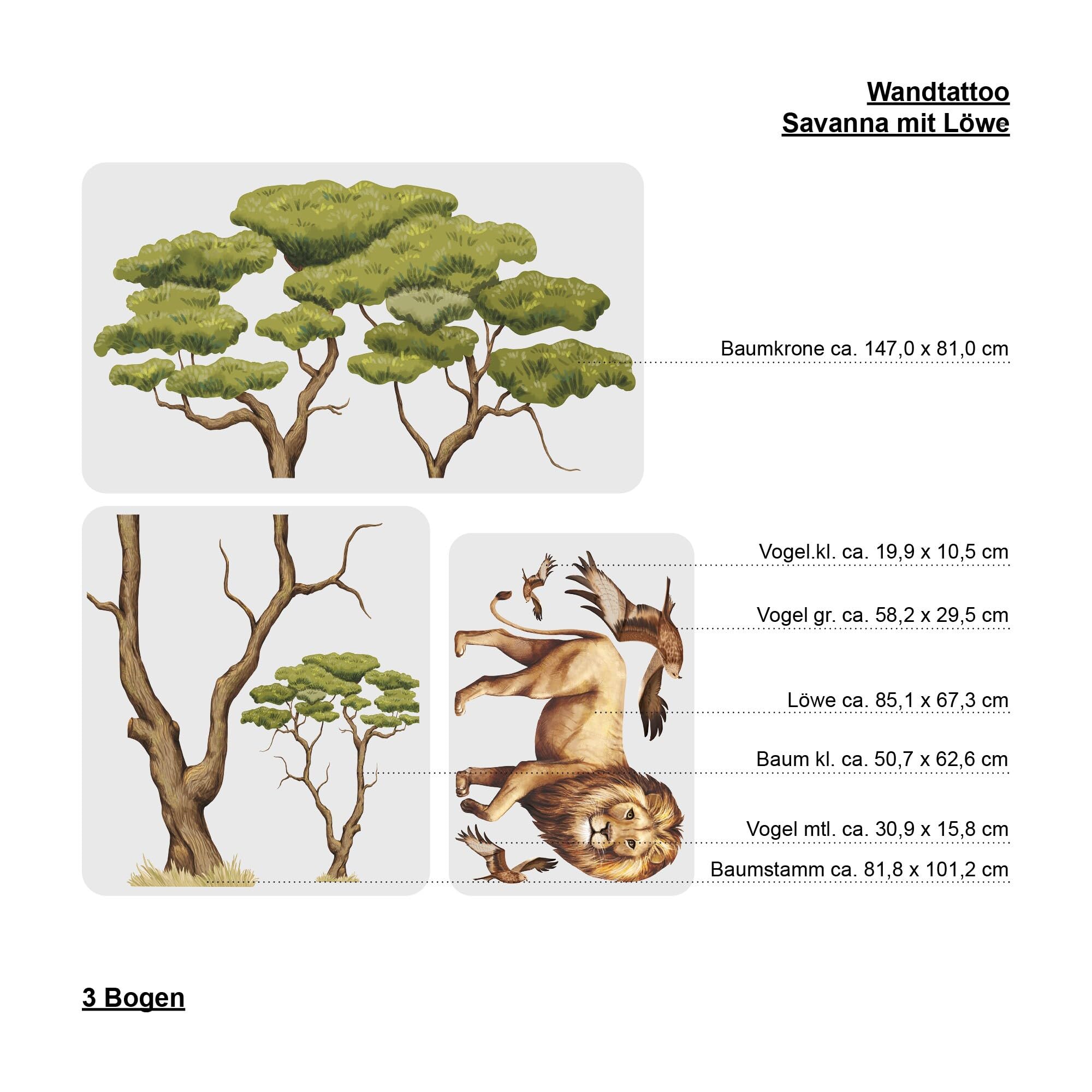 Wandtattoo Kinderzimmer Savanne mit Bäumen Löwe und Vögeln Dekoration Babyzimmer Tiere Natur