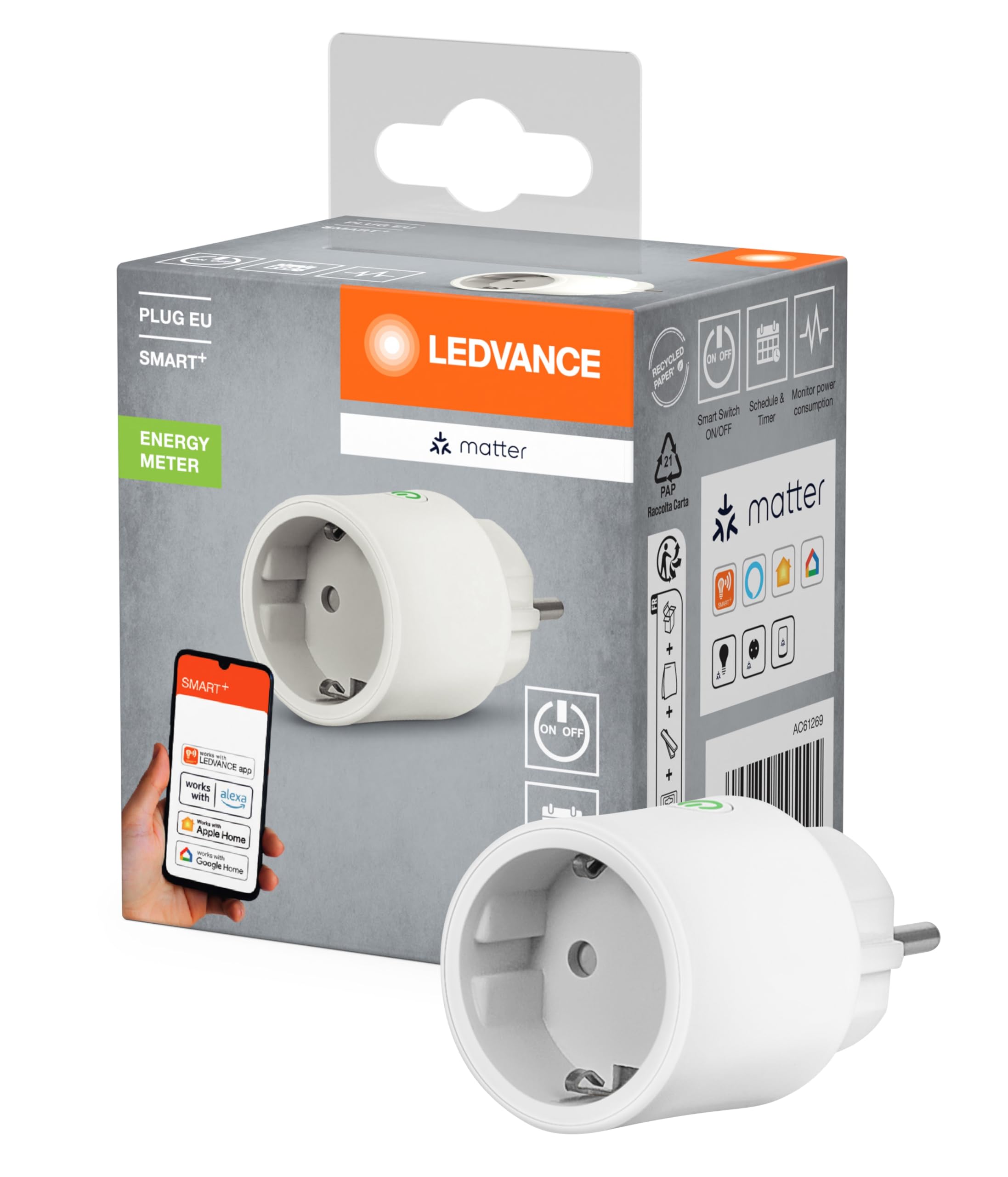 LEDVANCE SMART+ Wtyczka wewnętrzna, inteligentna wtyczka z Matter over WiFi, do integracji tradycyjnych urządzeń z systemem smart home, kompatybilna z Alexa, Google & Apple, biała, 1-pak