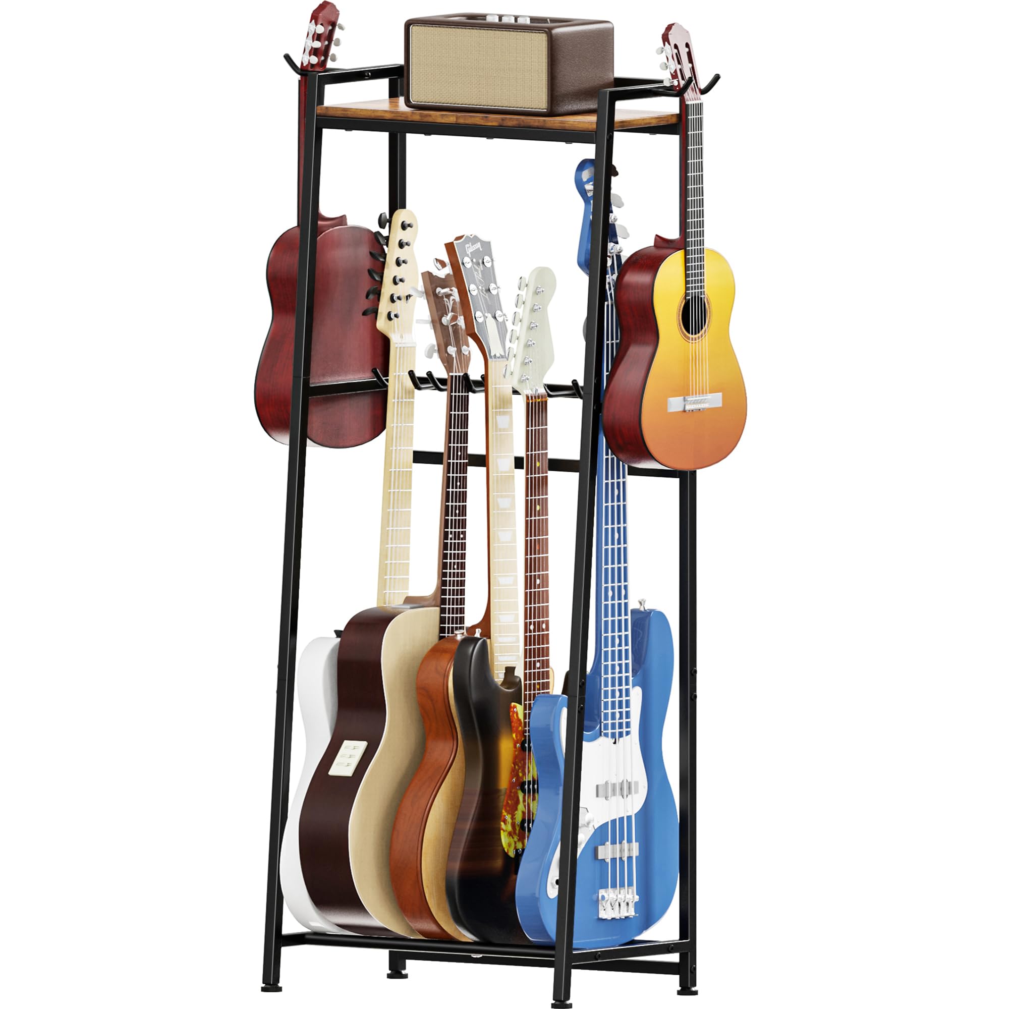 Guitar Stand, Guitar Rack Holder for Acoustic Guitar, Electric Guitar, Bass Display Stand, Multiple Guitar Rack Holder for 5-7 Guitars, Guitar Amp Accessories, for Home Music Studio, Rustic Brown