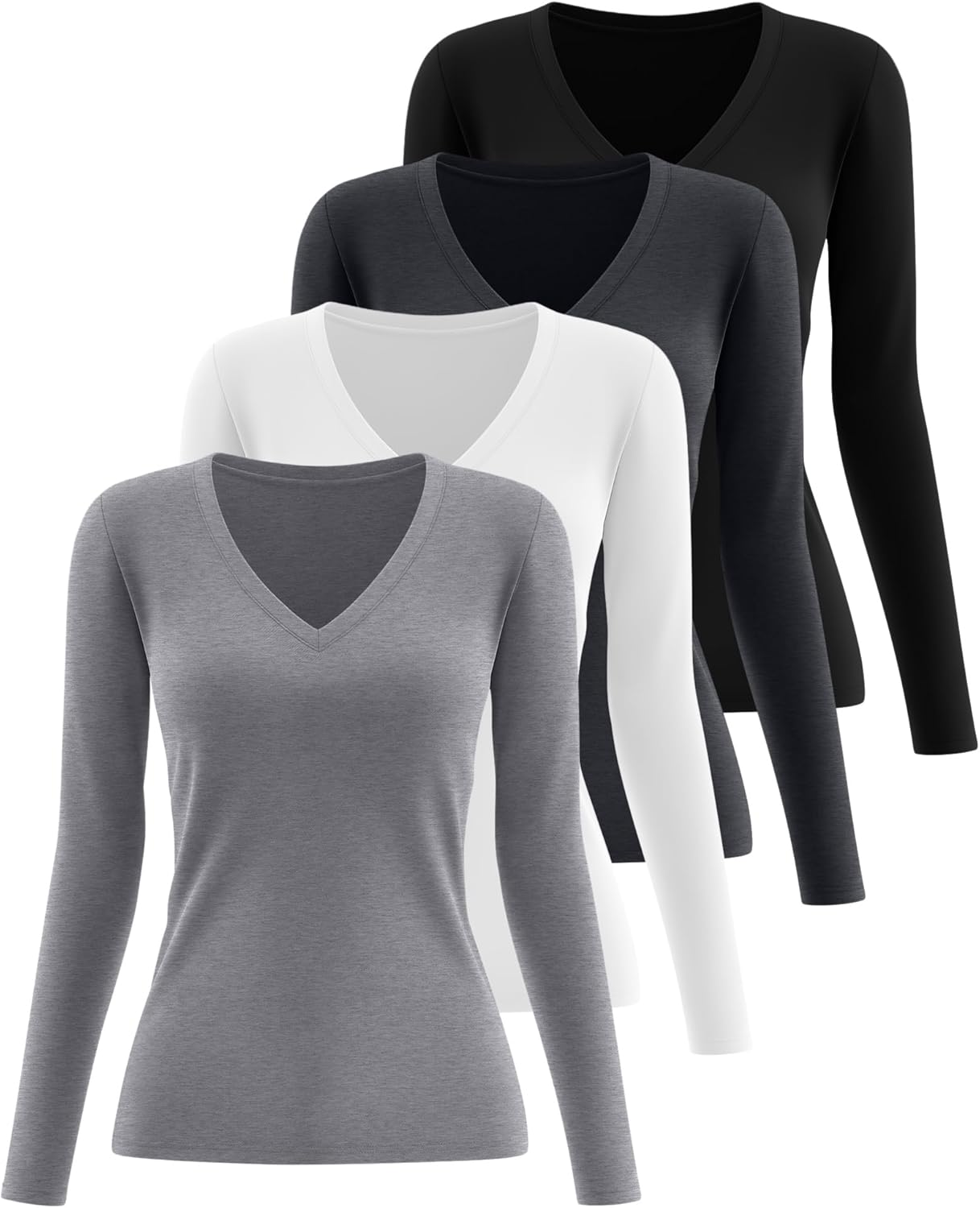 Riyiper 4 Pack Women's Deep V Neck T-Shirts, Long Sleeve Slim Fitted Tee Tops Casual Fall Basic Tee Shirts - Image 3