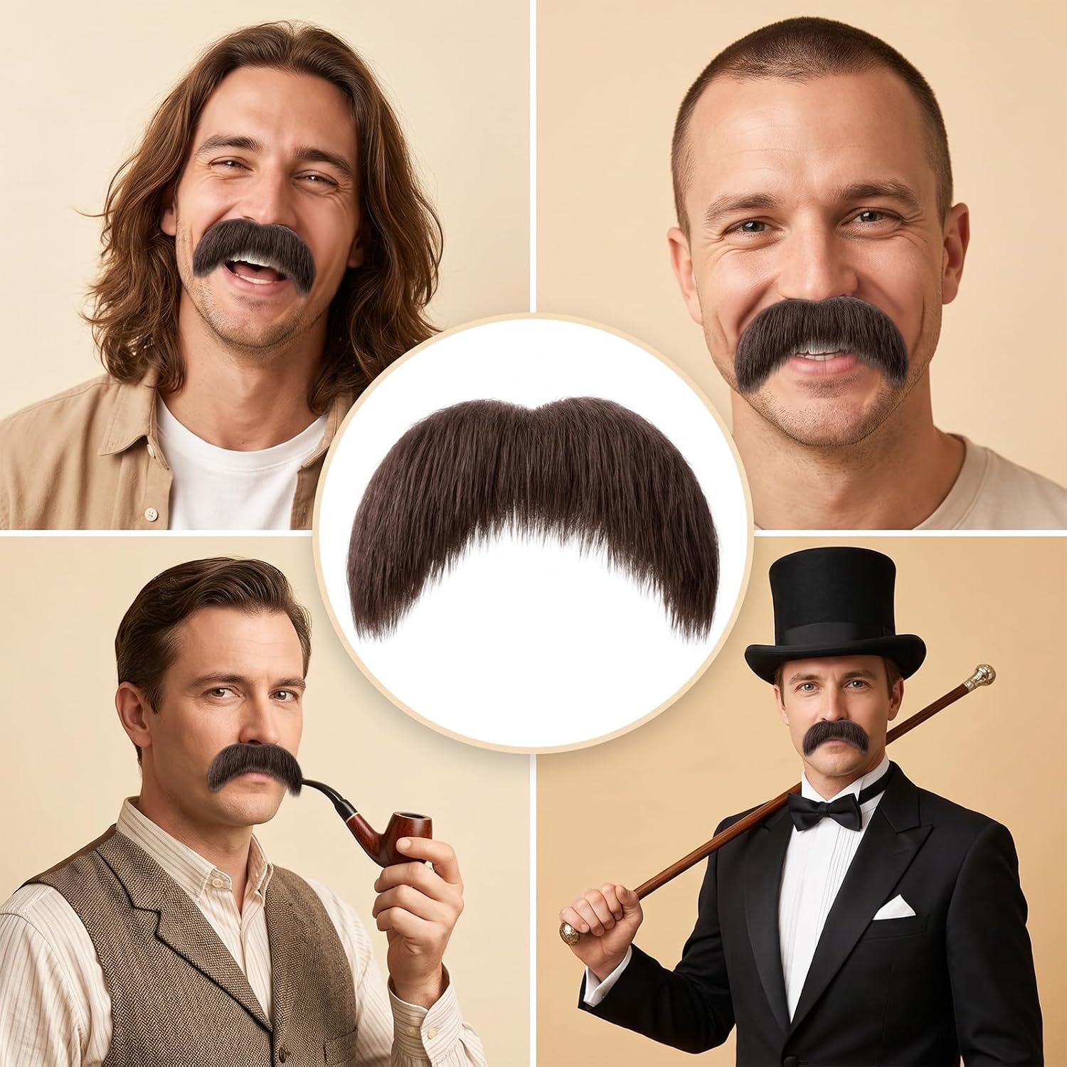 2Pcs Fake Mustache for Men False Facial Hair Classic Halloween Beard Brown image 5